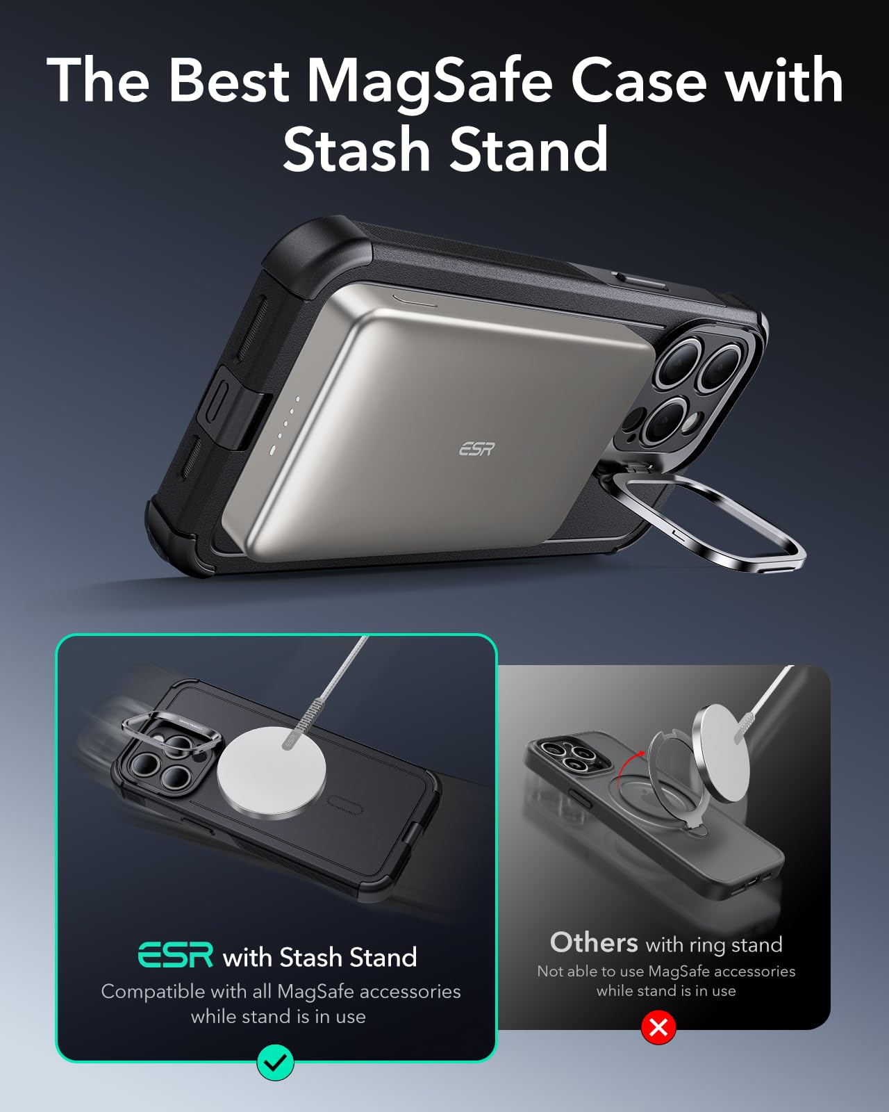 ESR for iPhone 15 Pro Max Case with Stand - Military-Grade Drop Protection (23 ft), Heavy Duty Magnetic Phone Cover Compatible with MagSafe Accessories | Cyber Series in Black | Perfect for Work, Travel & Outdoor Activities