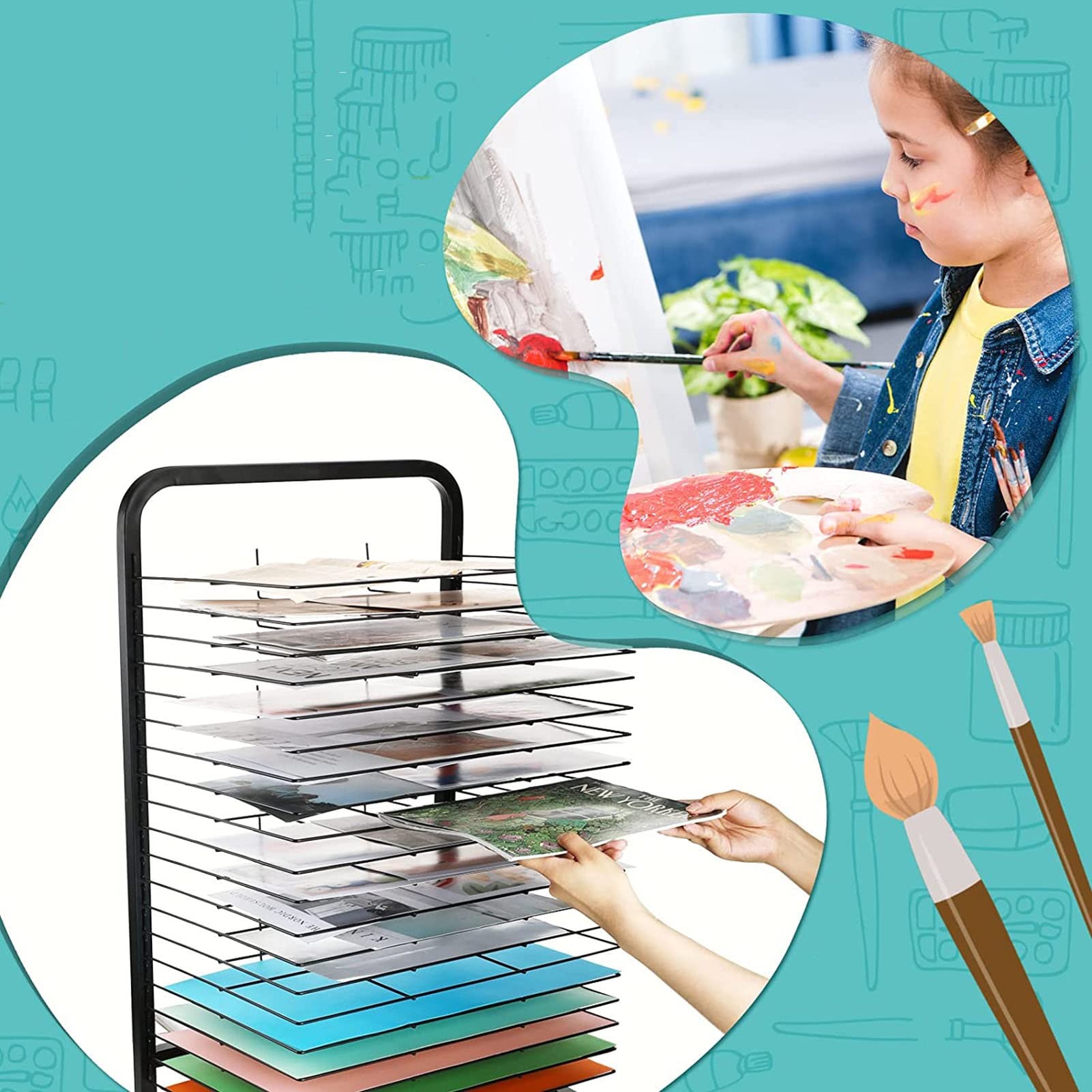 Sturdy Metal Art Drying Rack with Wheels - 25-Tier Power-Coated Painting & Craft Storage Display (44x42x90cm) - Perfect for Art Classrooms, Studios & School Art Clubs | Easy-Move Artwork Organizer for Wet Paintings & Student Projects