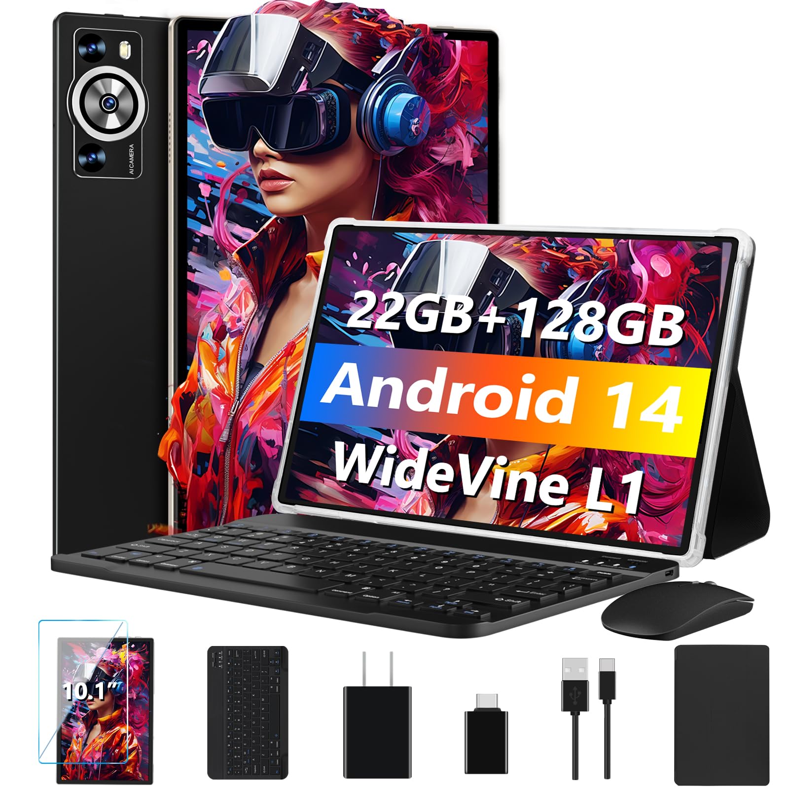 Android 14 Tablet 10.1 Inch HD Touchscreen - 8GB RAM 128GB Storage (Expandable to 1TB) with 8000mAh Battery | Octa-Core Processor | Includes Keyboard & Mouse | Widevine L1 & Split-Screen Support - Black | Perfect for Work, Study & Entertainment