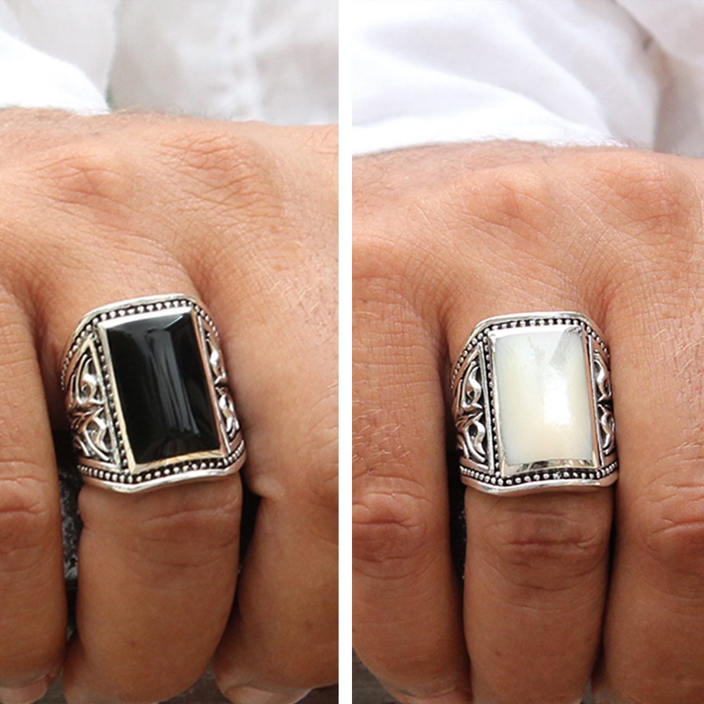 VY JEWELRY 925 Sterling Silver Onyx or Shell Men's Ring for Wedding, Engagement & Fashion - Handmade in Thailand - Durable & Hypoallergenic Jewelry Gift for Him
