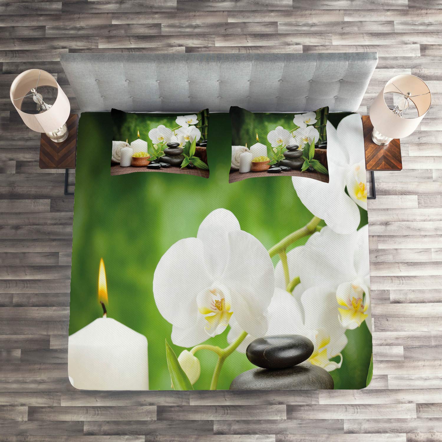 Ambesonne 3-Piece King Size Quilted Bedspread Set with 2 Pillow Shams - Orchid, Candles & Green Plants Stone Pattern in White, Green & Black | Spa-Inspired Luxury Bedding for Master Bedroom, Guest Room & Hotel Decor
