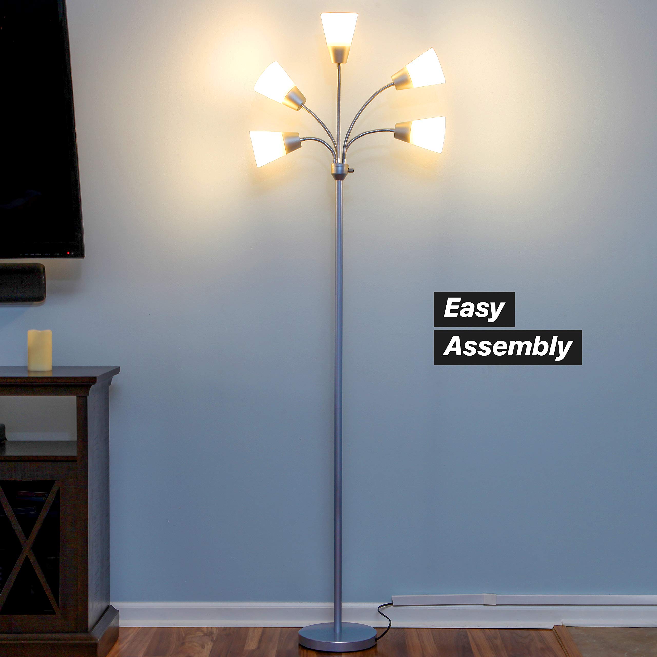 Brightech Medusa Modern LED Floor Lamp - Adjustable Multi-Head Standing Lamp with 5 LED Bulbs & Interchangeable Shade - Silver Finish for Living Room, Office & Reading Nook - Perfect Lighting for Work, Hobbies & Relaxation