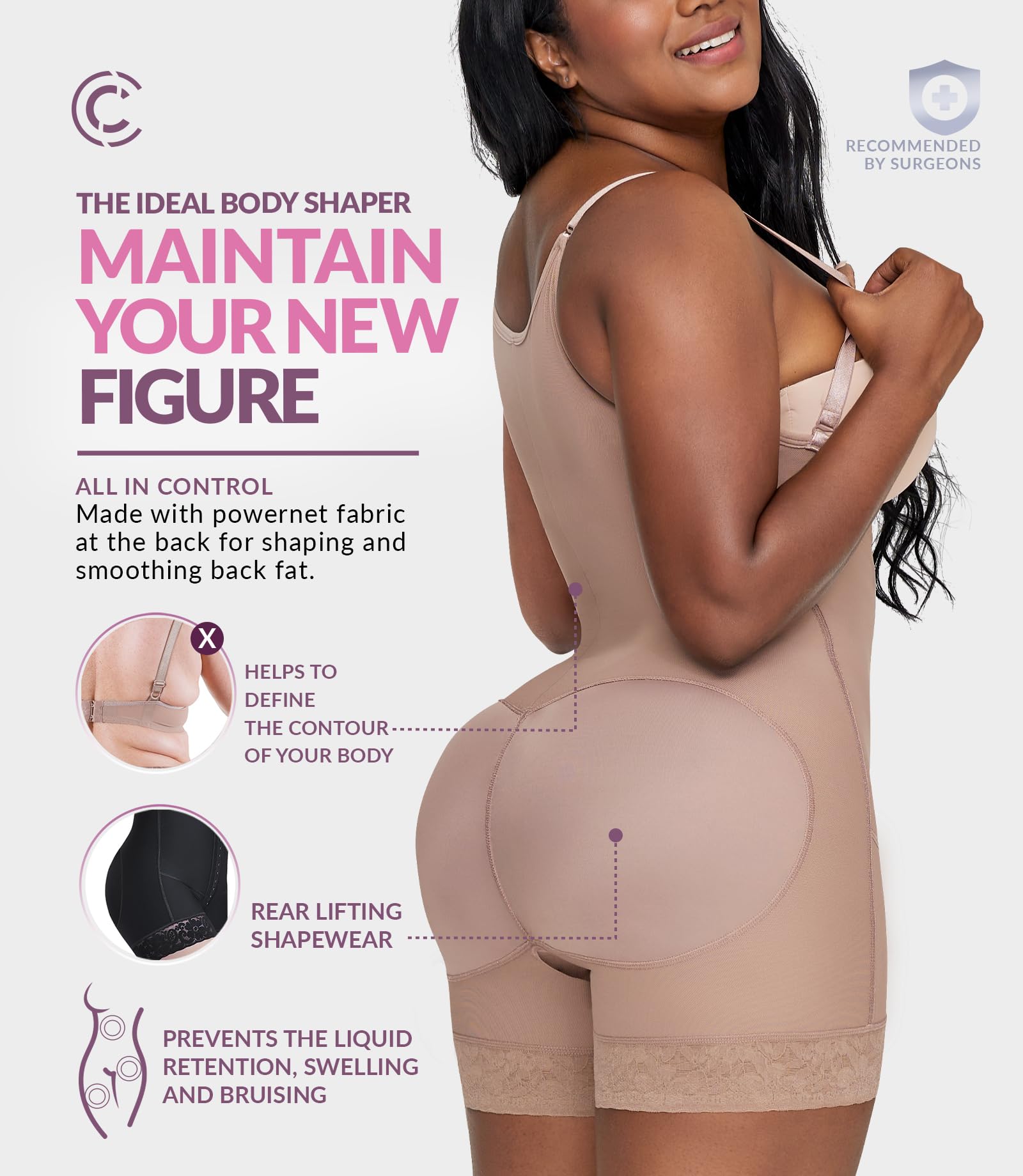 Curveez High Compression Shapewear for Women - Tummy Control & Butt Lifting Colombian Fajas - Thigh Slimmer Body Shaper for Daily Wear, Special Occasions & Postpartum Recovery