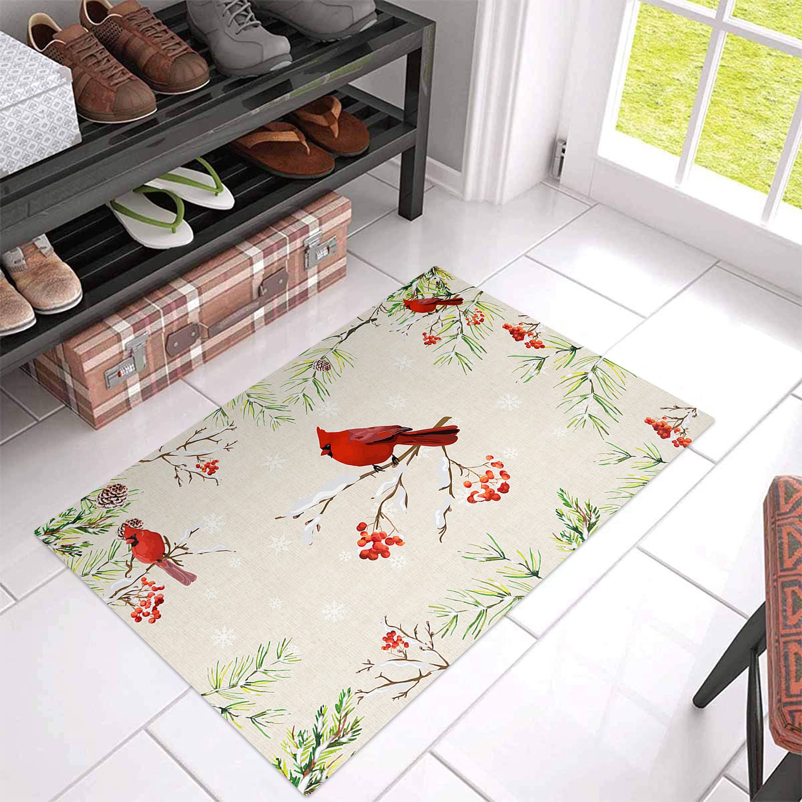 Non-Slip Christmas Cardinal Bird Berry Branch Doormat - Absorbent Indoor/Outdoor Welcome Mat for Kitchen, Bathroom, Bedroom & Living Room | Holiday Decor, Winter Snowflake Design, Country Home Style (Perfect for Front Door, Porch & Entryway Decorations)