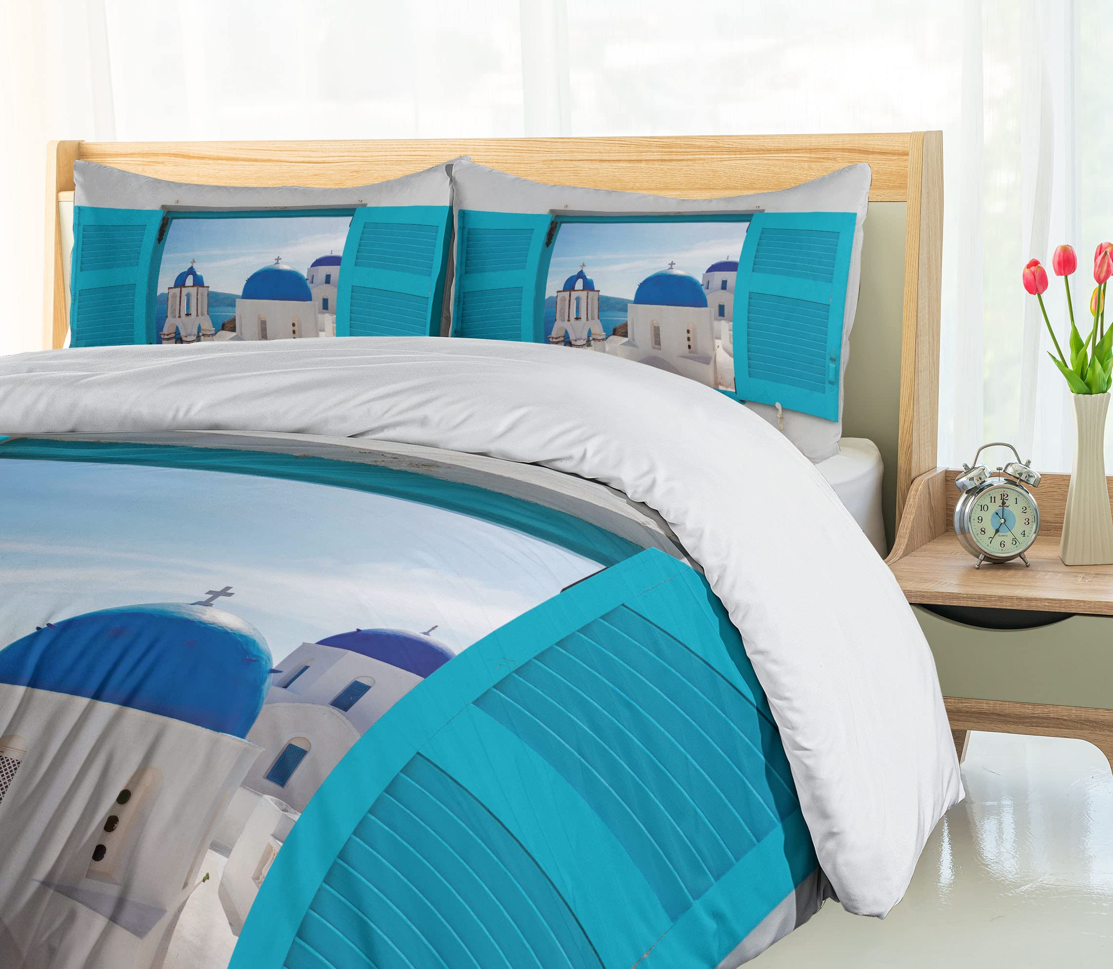 Ambesonne King Size Duvet Cover Set - 3 Piece Blue and White Landscape Bedding with Pillow Shams | Santorini Greece Travel Inspired Design | Perfect for Master Bedroom, Guest Room & Vacation Home Decor