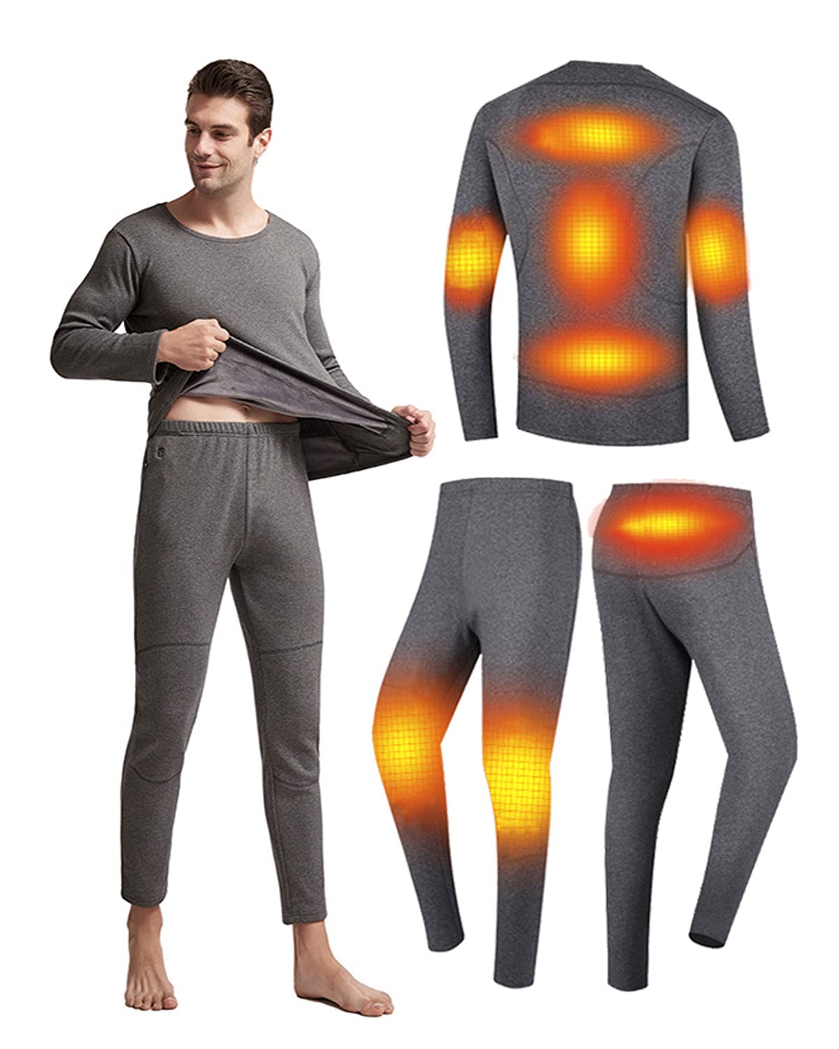 USB Heated Thermal Underwear Set for Men - Electric Heated Pants & Shirt - Winter Warm Base Layer for Skiing, Hiking & Outdoor Activities