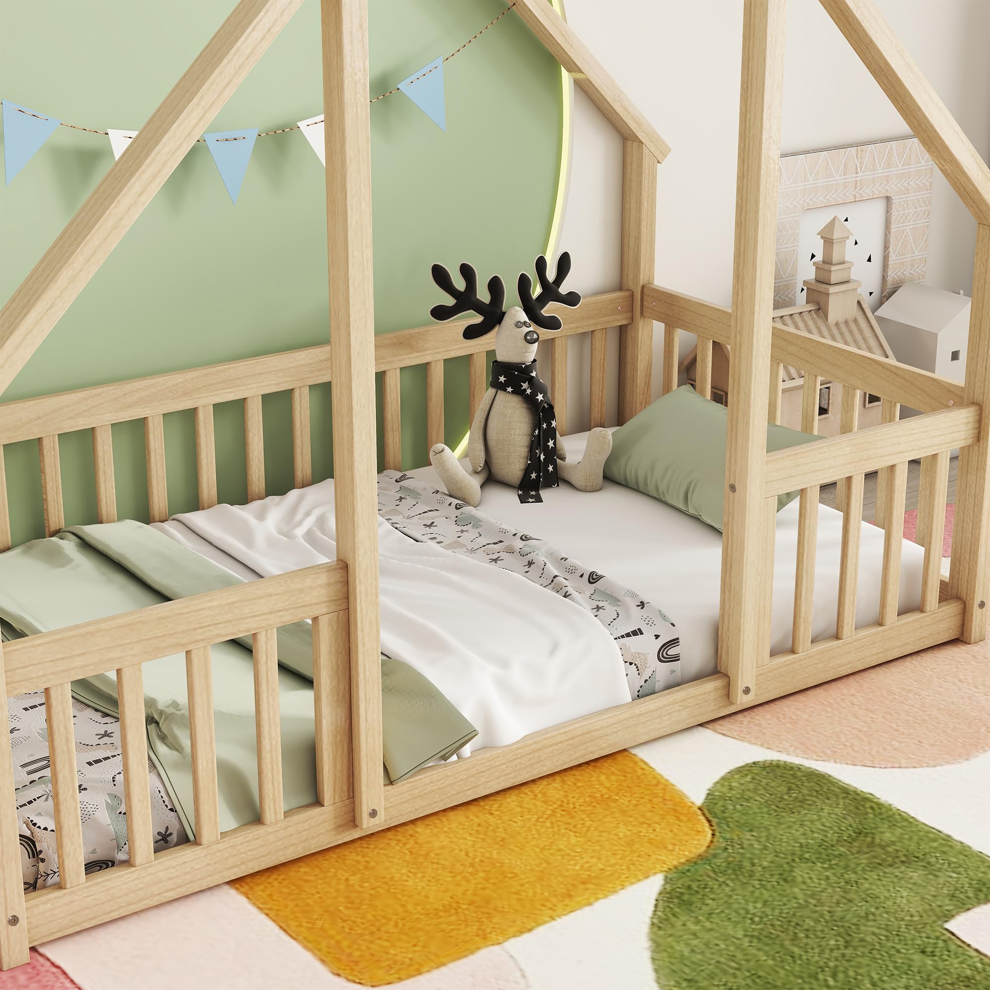 Bellemave Twin Size Wooden House Floor Bed Frame for Kids - Montessori Style with Safety Fence & Playhouse Design - Perfect for Boys & Girls Bedroom, Playroom or Montessori Classroom