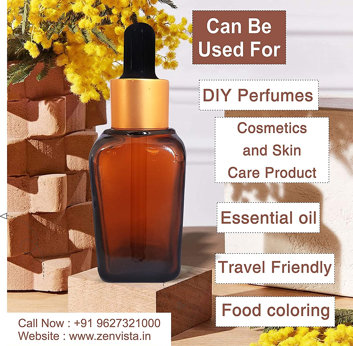 Zenvista MARKSCLEAR 30ml Square Amber Glass Dropper Bottle with Gold Plating - Essential Oil Bottles, Perfume Containers, DIY Skin Care Serum Dispensers - Pack of 5 for Home Spa, Aromatherapy & Gift Packaging