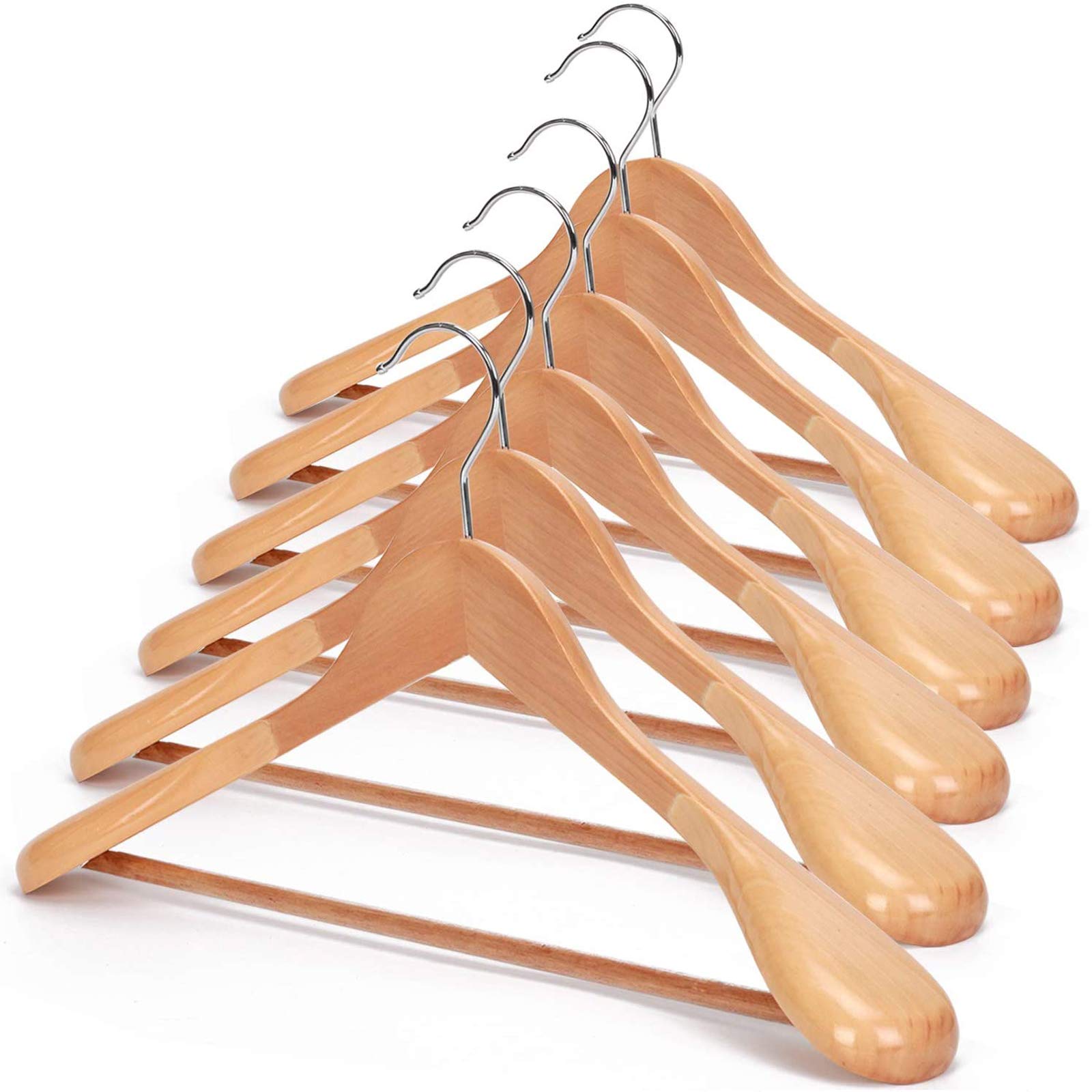 JS HANGER 6-Pack Wooden Suit Hangers with Non-Slip Pant Bar - Extra Wide Shoulder Coat Hangers, Splinter-Free Natural Finish for Closet Organization & Luxury Garment Storage
