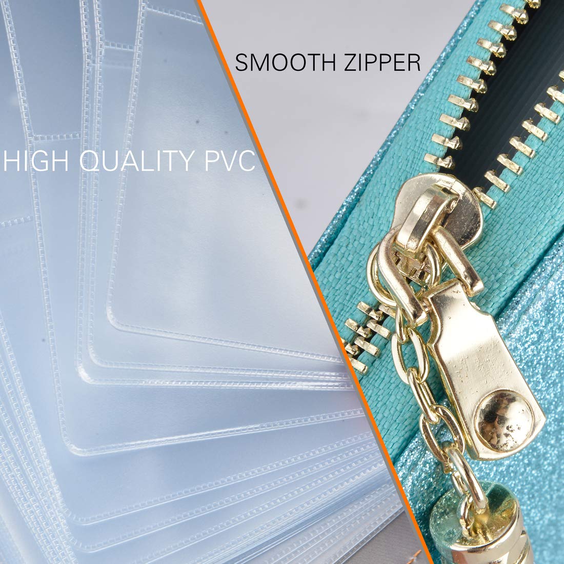 Easyoulife Women's RFID Blocking Leather Credit Card Holder Wallet with Zip Closure - Glitter Teal | Slim Card Case for Everyday Use, Travel & Business