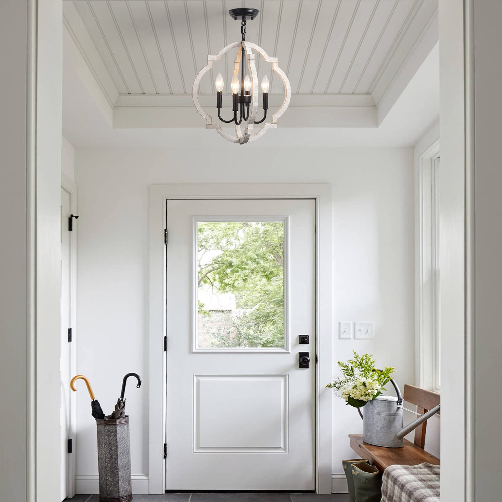 Rustic Farmhouse Orb Wood Chandelier - 4 Light Hanging Pendant Lighting Fixture for Dining Room, Living Room, Bedroom, Hallway & Entryway | Perfect for Cozy Home Decor & Farmhouse Style Interiors