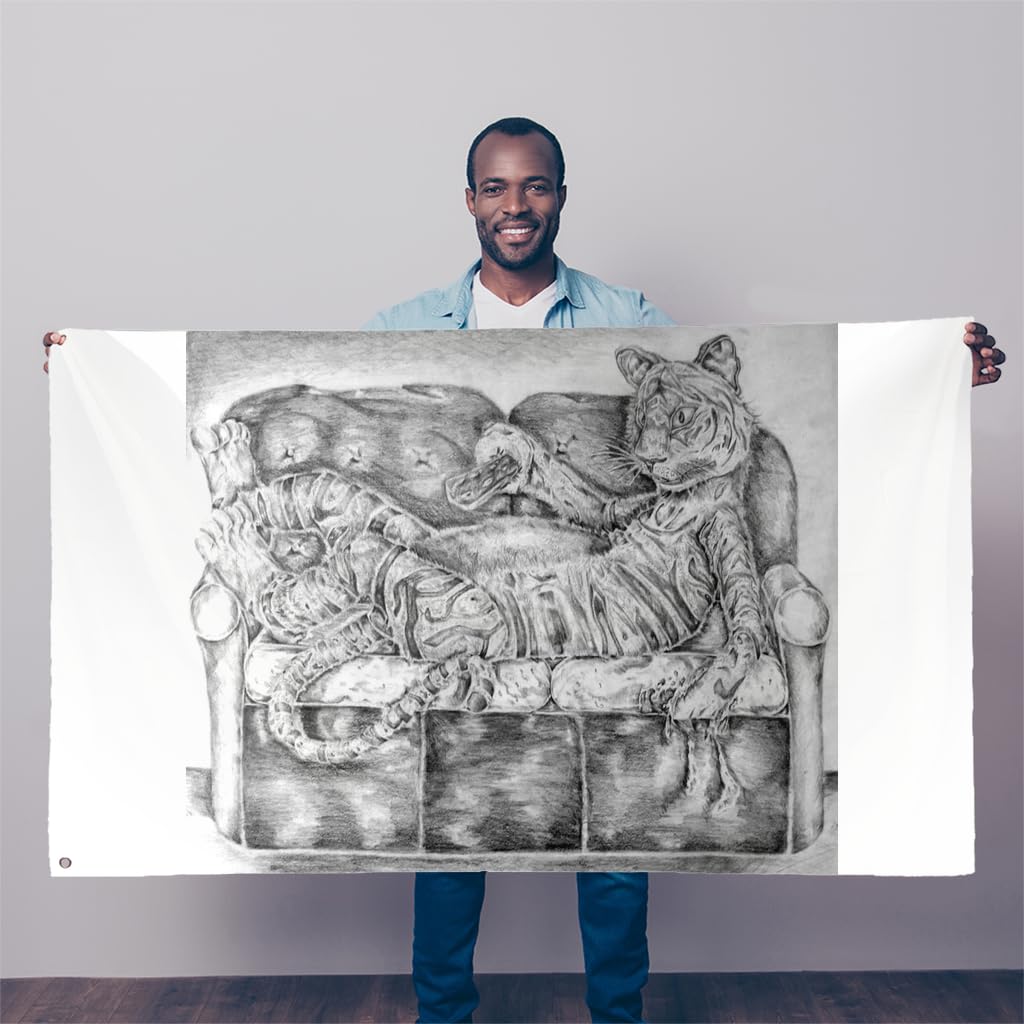 5FT x 3FT Tiger on a Couch Sublimation Flag - Perfect for Home Decor, Man Cave, and Outdoor Parties
