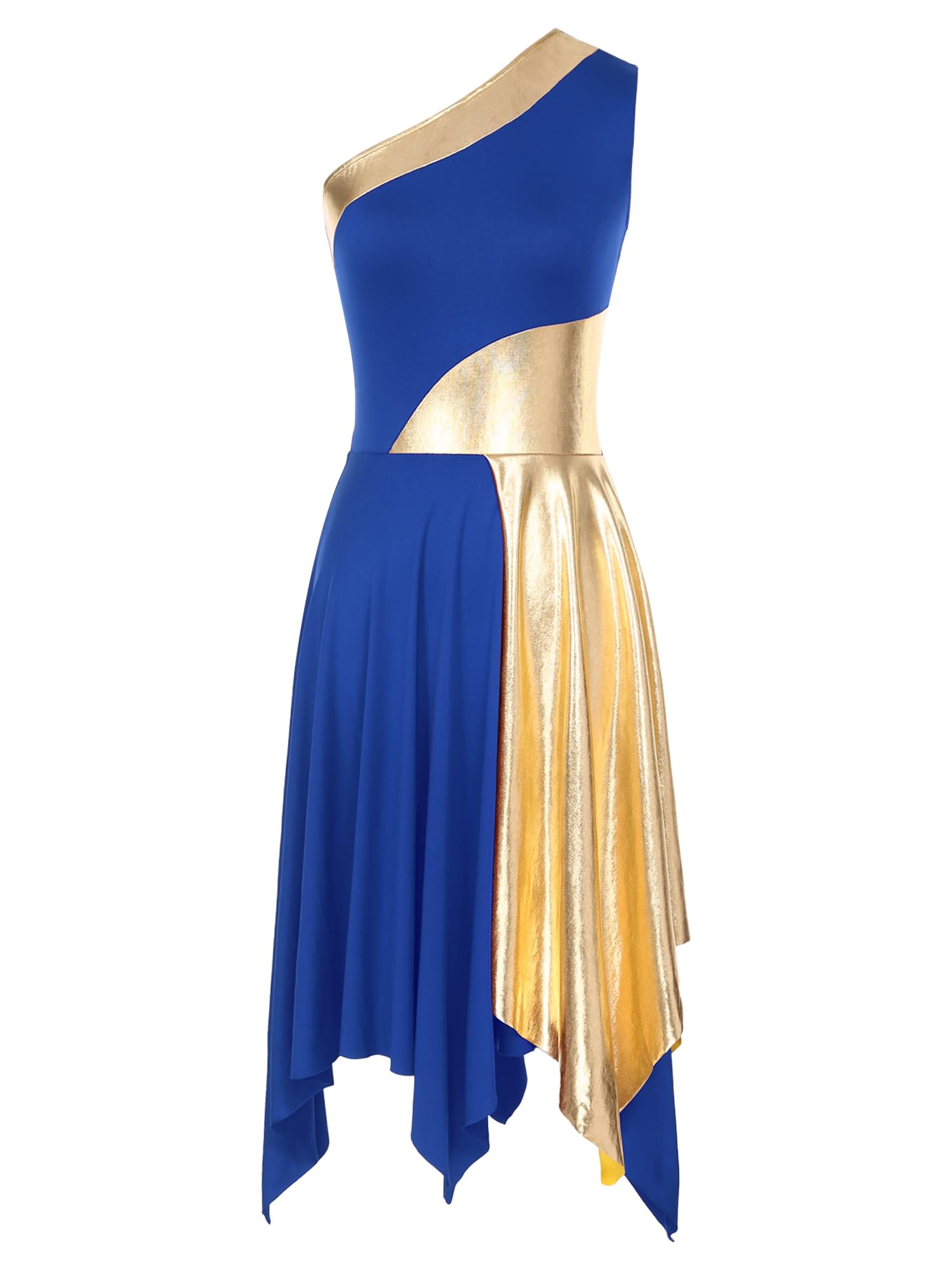 JEYPINMI Women's One Shoulder Color Block Worship Dance Dress - Liturgical Praise & Lyrical Dance Costume for Church Performances, Choir Outfits and Spiritual Celebrations