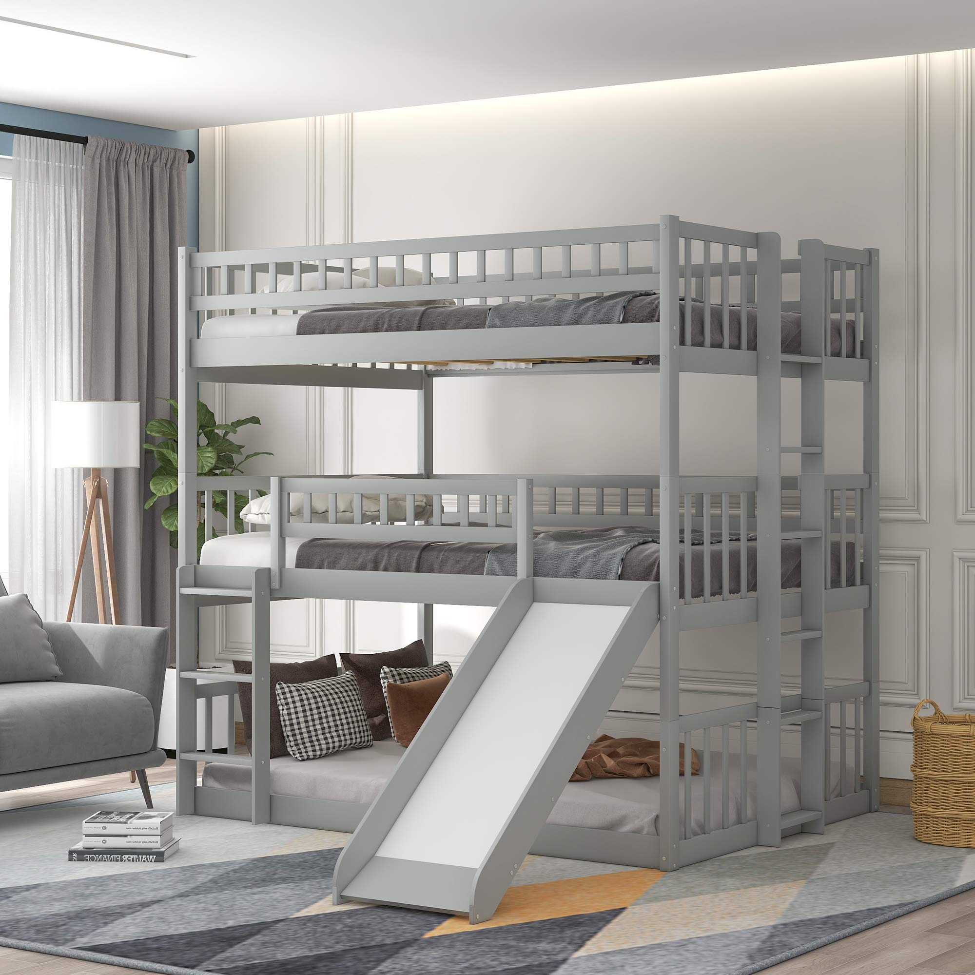 Triple Bunk Bed Full Over Full Size with Slide - Stackable 3 Beds for Kids, Sturdy Slide Guard Rails & Ladder, No Box Spring Needed - Perfect for Kids' Bedrooms, Sleepovers & Space-Saving Home Solutions
