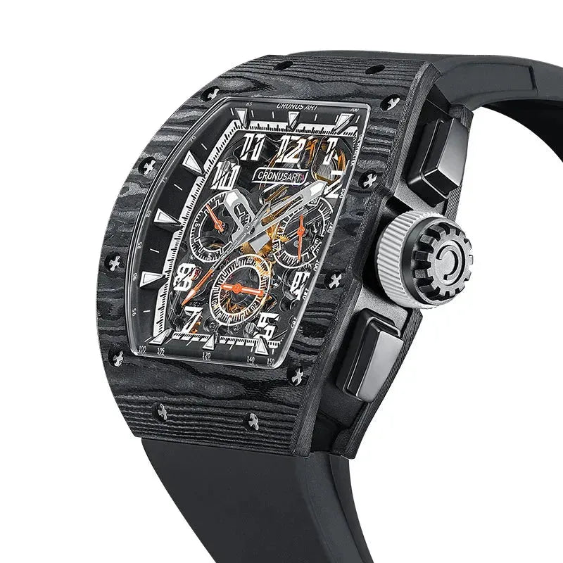 CRONUSART Men's Automatic Chronograph Watch - 50mm Tonneau Mechanical Wristwatch with Carbon Fiber Case, Luminous Hands, and Fluororubber Strap - Perfect for Sports, Outdoor Activities & Casual Wear
