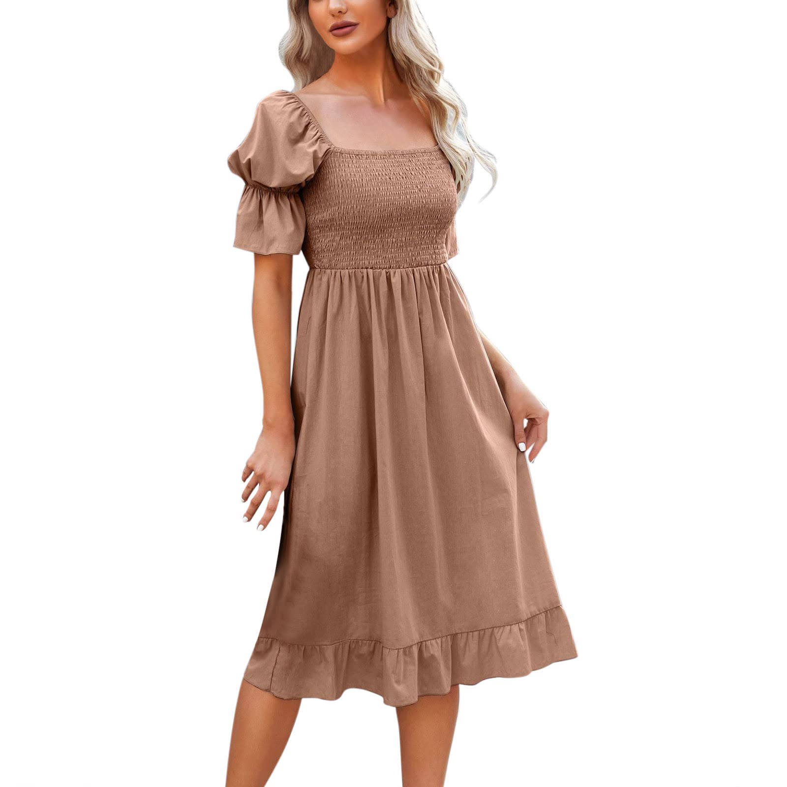 Swqotoq Women's Summer Boho Backless Dress - Square Neck A-Line Beach Long Dress with Short Sleeves for Party, Vacation & Date Night