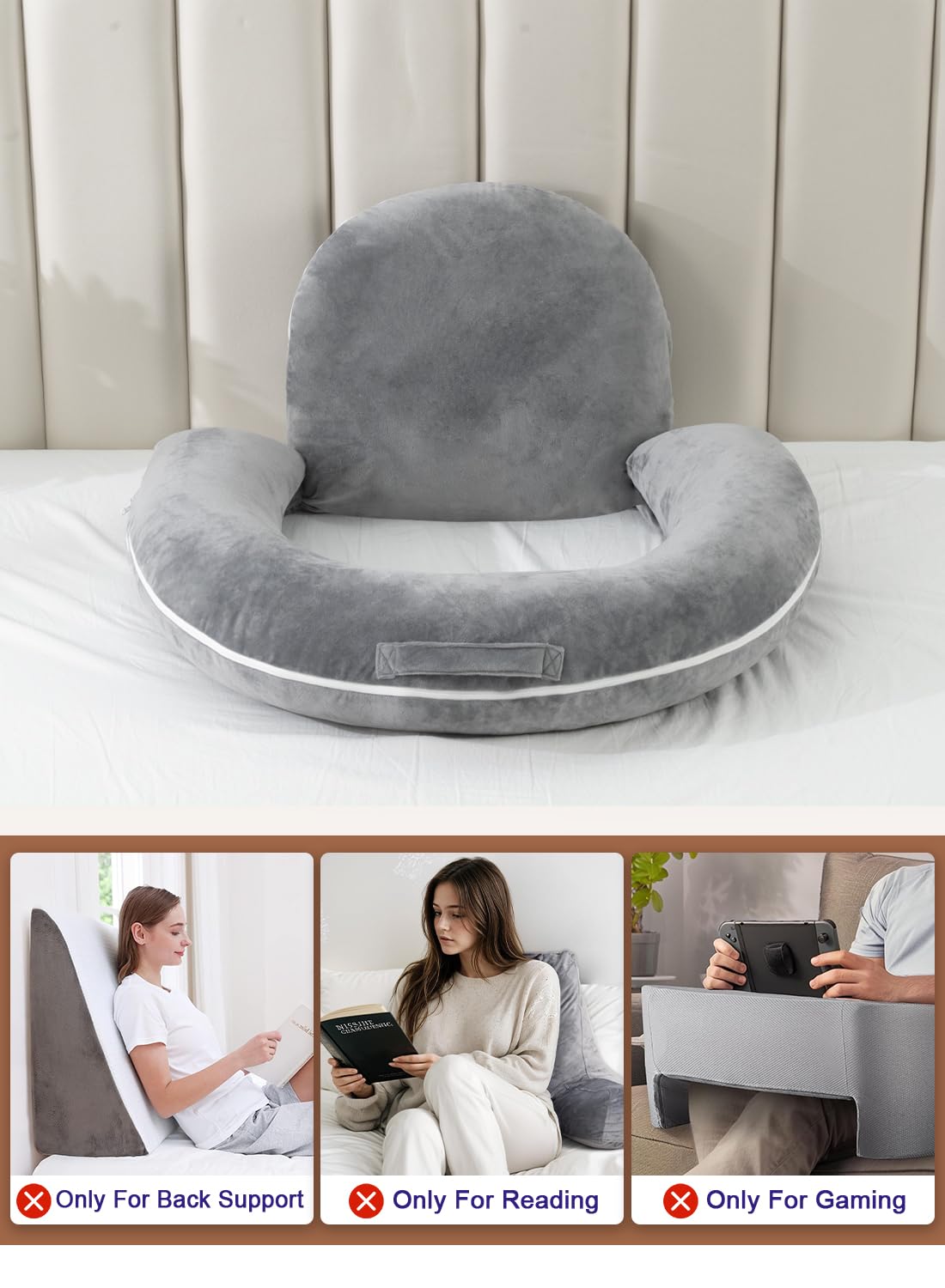 **INSEN Reading Pillow for Gaming & Relaxing - Soft Velvet Back Support Pillow for Sitting in Bed, Lap Desk, Reading & Working - Grey - Perfect for Cozy Evenings, Study Sessions & Movie Nights**