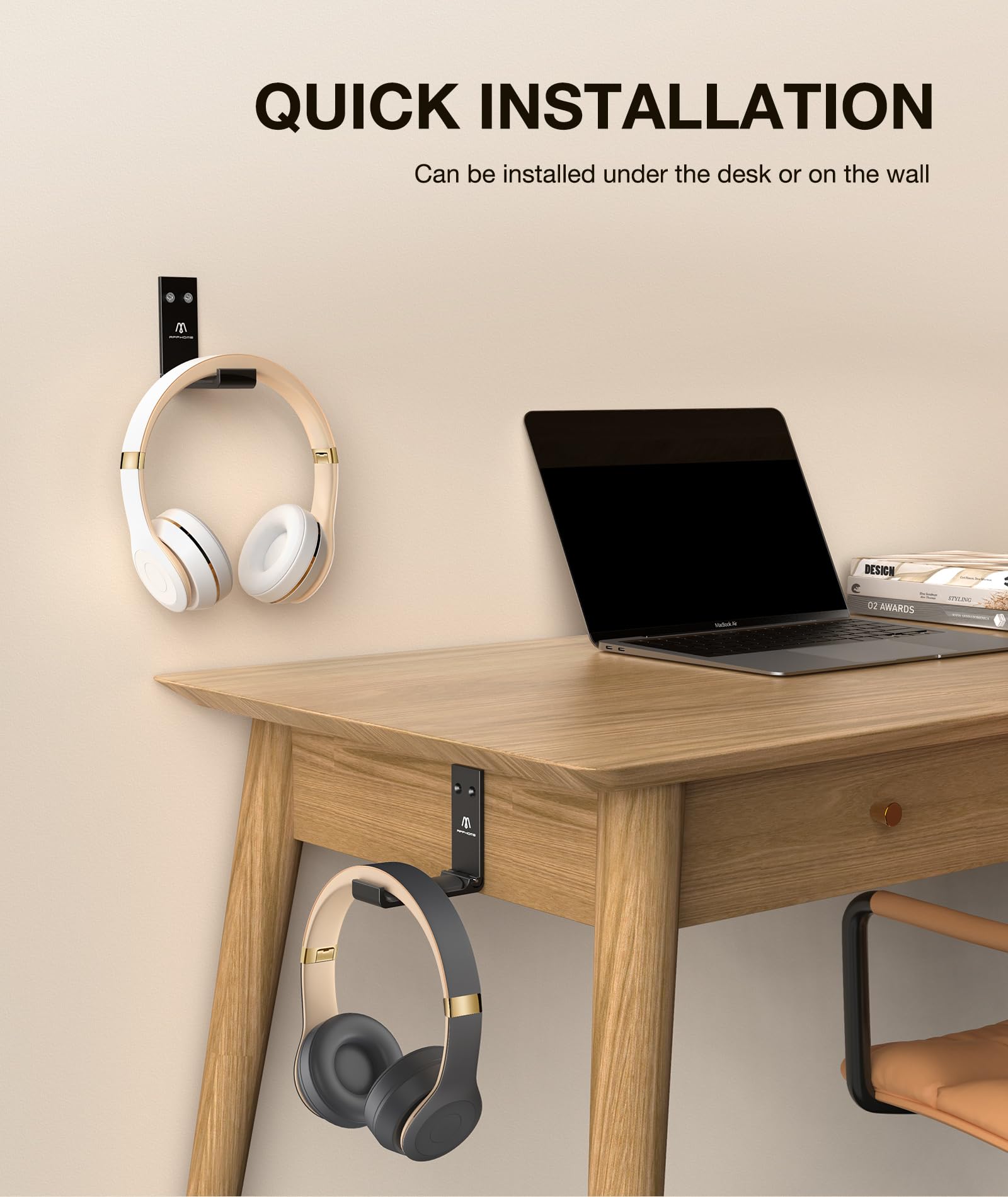 Foldable Aluminum Headphone Stand Hanger - Space Saving Wall Mount Hook for Gaming Headsets with Strong Adhesive (Black) - Perfect for Home Office, Gaming Setup & Workspace Organization