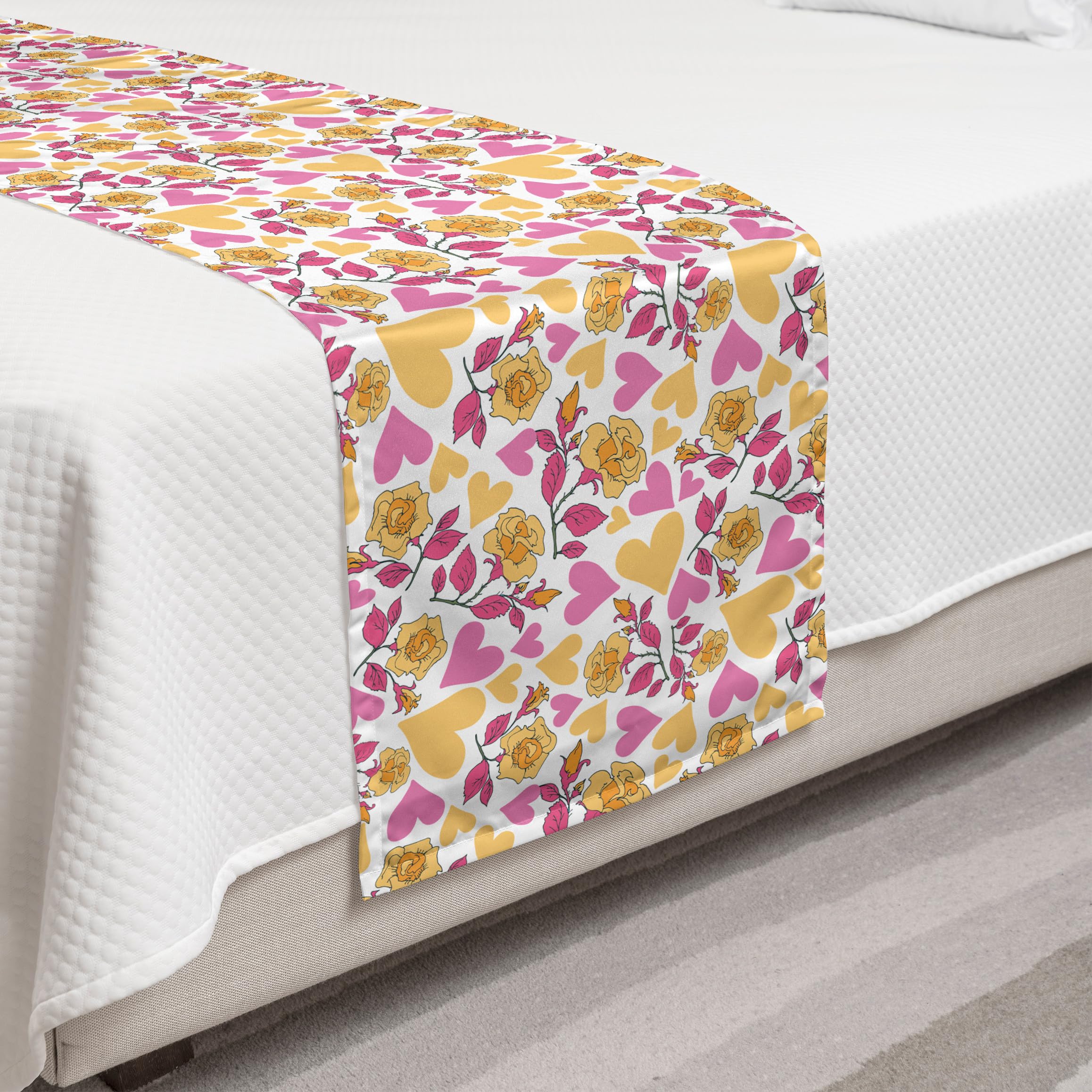 Ambesonne Floral Bed Runner - Romantic Bicolor Hearts & Blooming Roses Design, Decorative Bed Scarf for Valentine's Day, Weddings, Hotels, Homes & Guest Rooms (Mustard Pink) | Perfect for Bedroom Decor, Romantic Getaways & Special Occasions