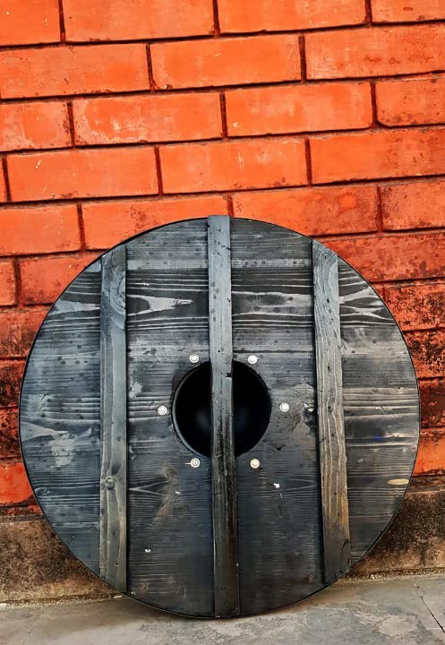 Handmade Wooden Viking Shield with Dragon Face & Ouroboros Design - Authentic Battleworn Norse Shield for LARP, Cosplay, Home Decor & Viking Reenactments