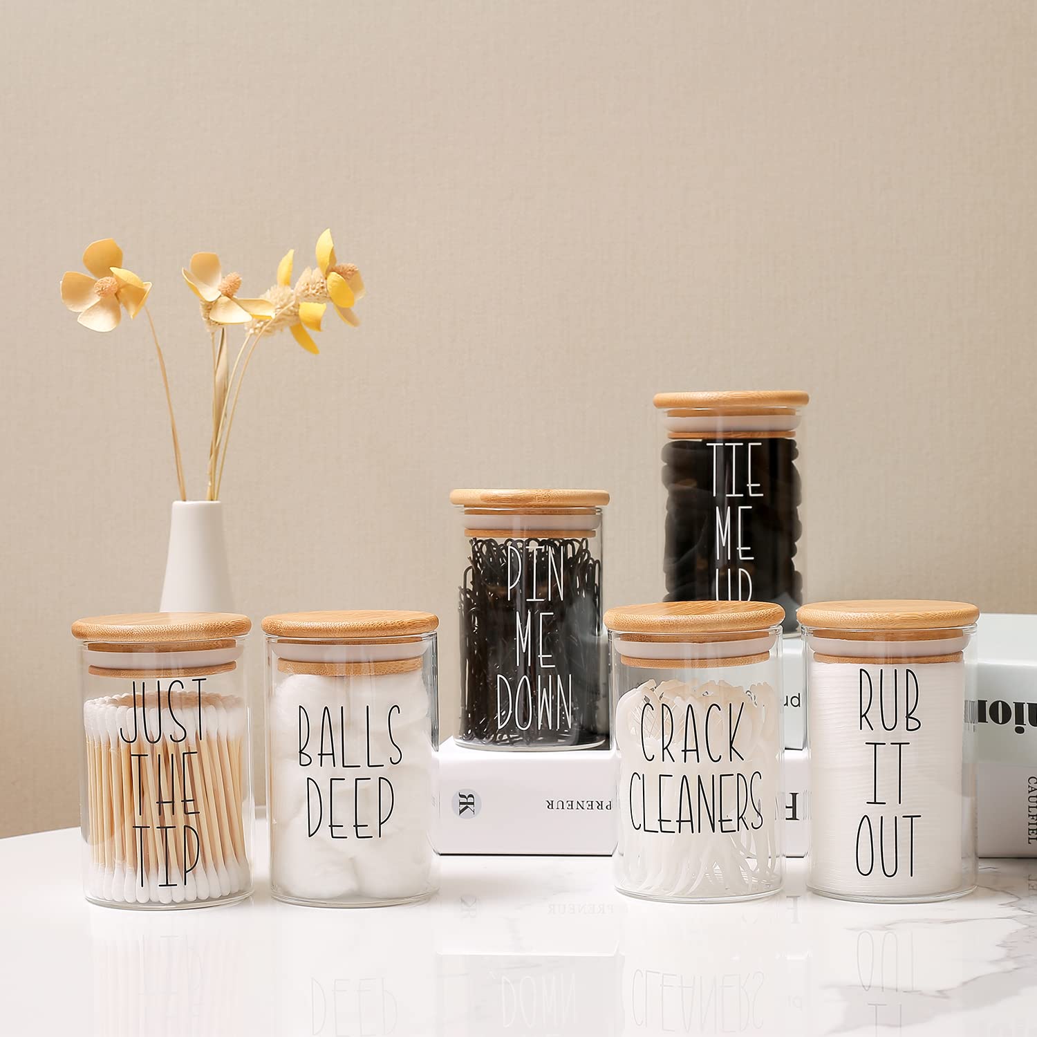 MOMEEMO Glass Apothecary Jars with Airtight Lids - Perfect for Bathroom Organization, Cotton Ball Holder, Floss Pick Storage & Home Decor - Great for Vanity Countertop, Spa Day Essentials & Gift Ideas (Includes Cotton Pads & Dental Floss)
