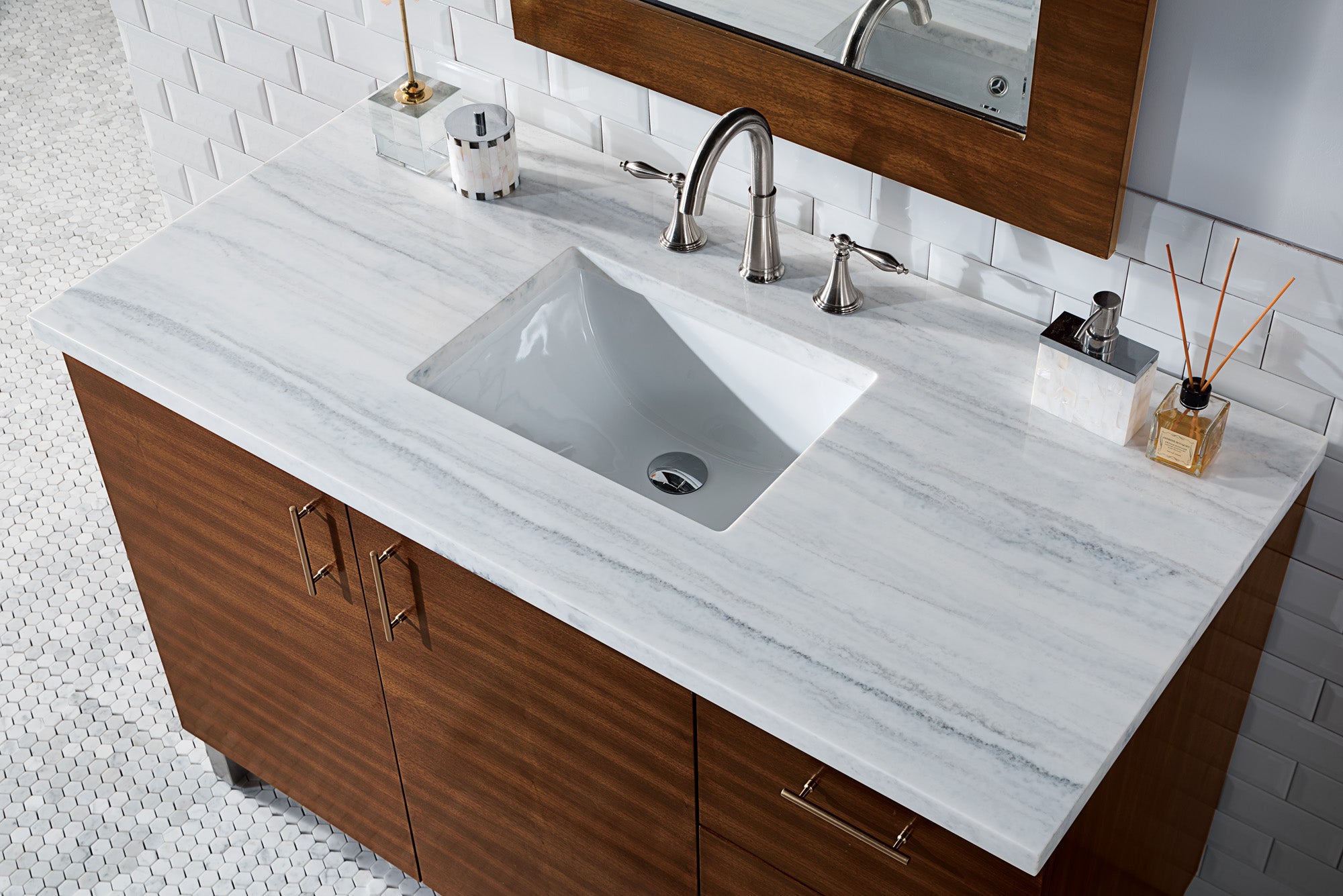 48 Inch American Walnut Single Bathroom Vanity with 3CM Arctic Fall Solid Surface Countertop | Modern Farmhouse Style for Master Bath & Powder Room