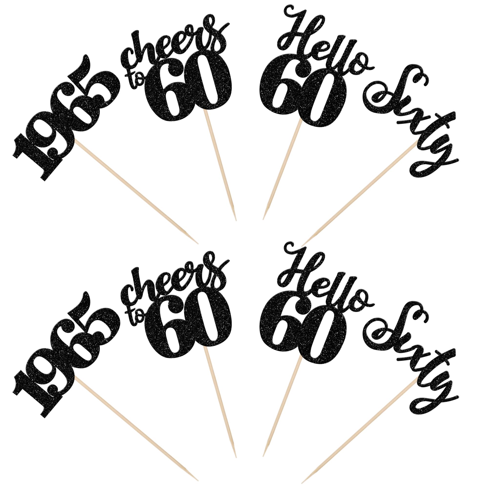 24 PCS Black Glitter 60th Birthday Cupcake Toppers - Hello 60 Sixty Cake Decorations for Happy 60th Birthday, Retirement Party, Anniversary - Cheers to 60 Since 1965 - Perfect for Milestone Celebrations & Cake Decorating Supplies