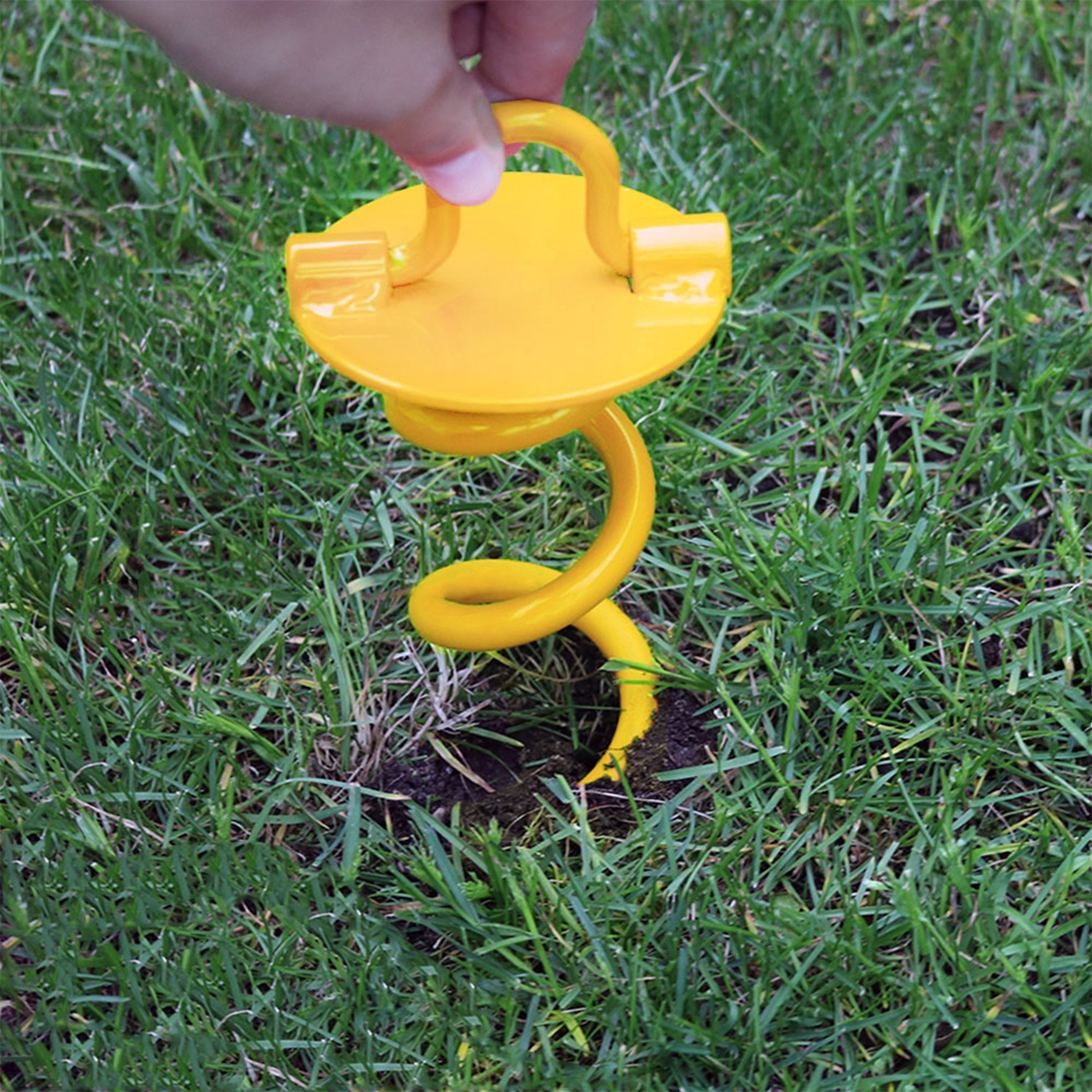 Sunnydaze Yellow Spiral Ground Anchor with Folding Ring - Heavy Duty Outdoor Tent Stakes for Camping, Beach, Canopy & Garden Use
