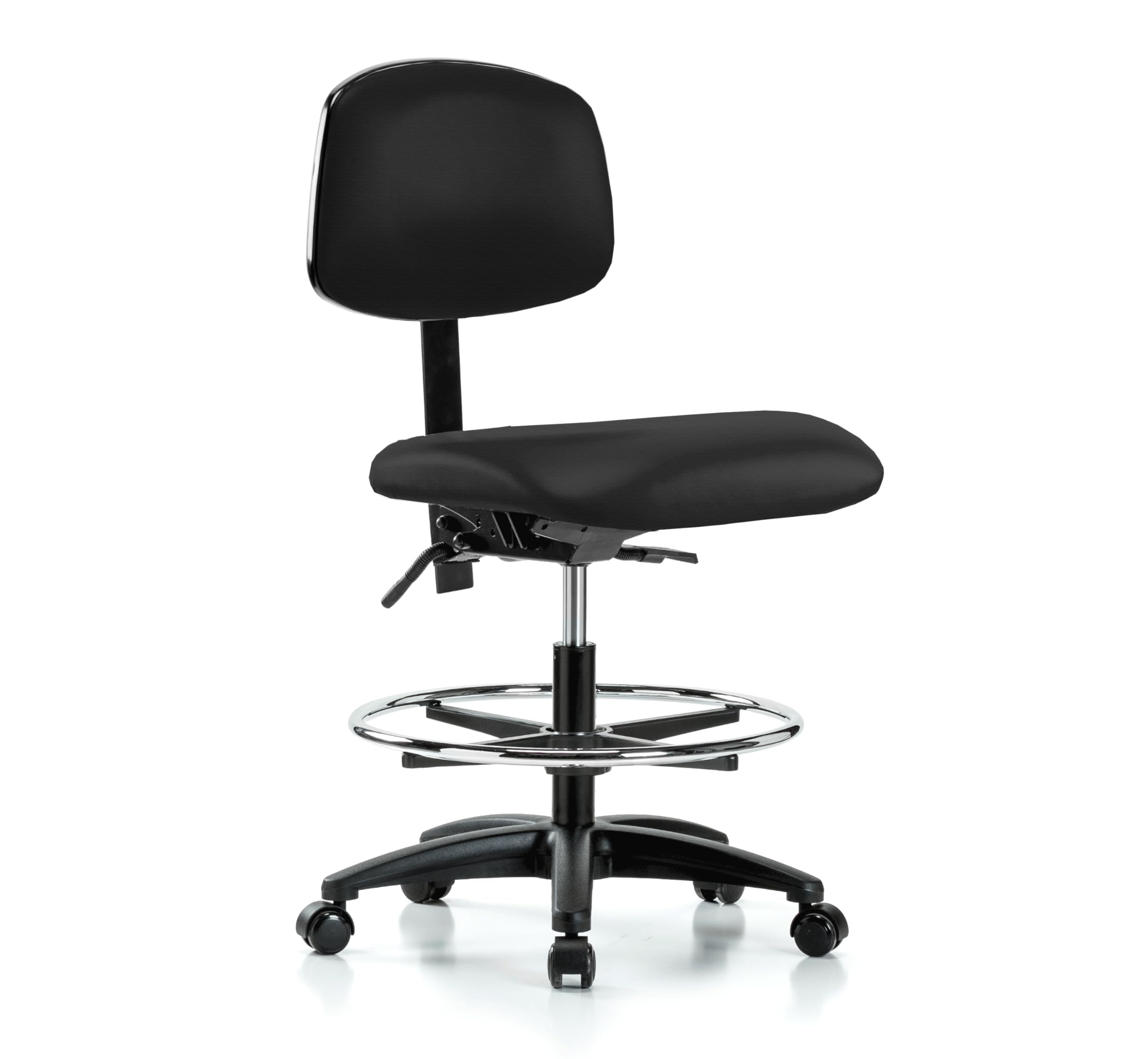 Adjustable Rolling Lab Chair with Back Support & Foot Ring - Ergonomic Stool for Hardwood/Tile Floors - Black Fabric Workbench Height Chair for Laboratories, Workshops & Home Offices