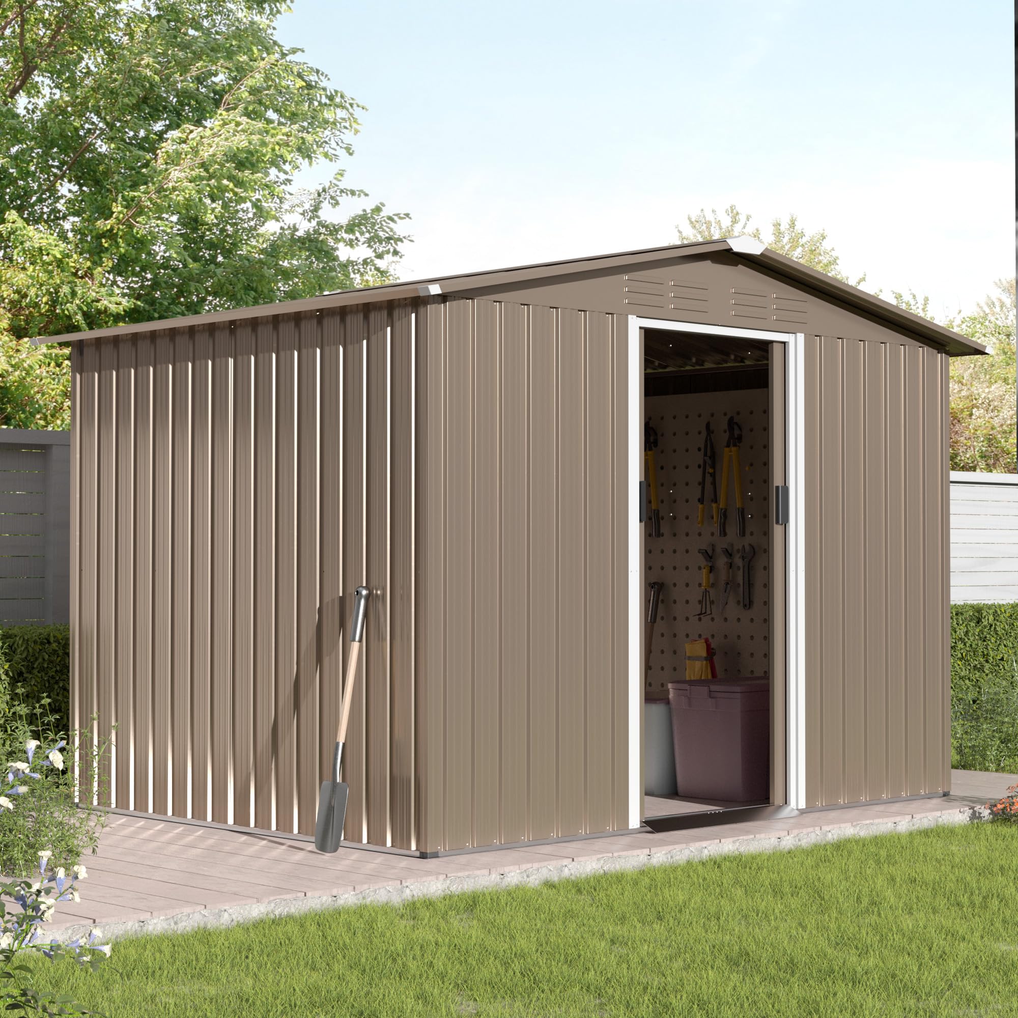 Kullavik 8FT x 6FT Waterproof Metal Outdoor Storage Shed with Lockable Sliding Door & Air Vents - Heavy Duty Garden Shed for Patio, Lawn, Backyard, Tools & Equipment Storage | Perfect for Home, Garage & Yard Organization