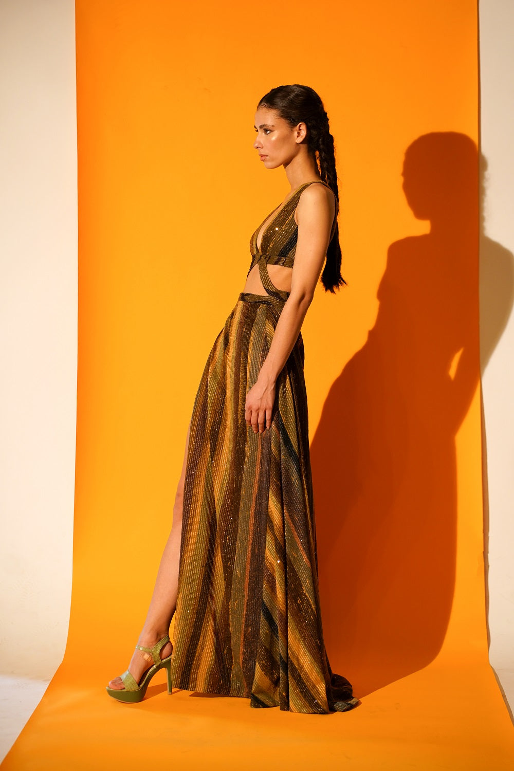 Elegant Green Stripe Print Cut Out High Slit Dress for Women - Sexy Party & Evening Gown for Night Out, Club, Date Night & Special Occasions