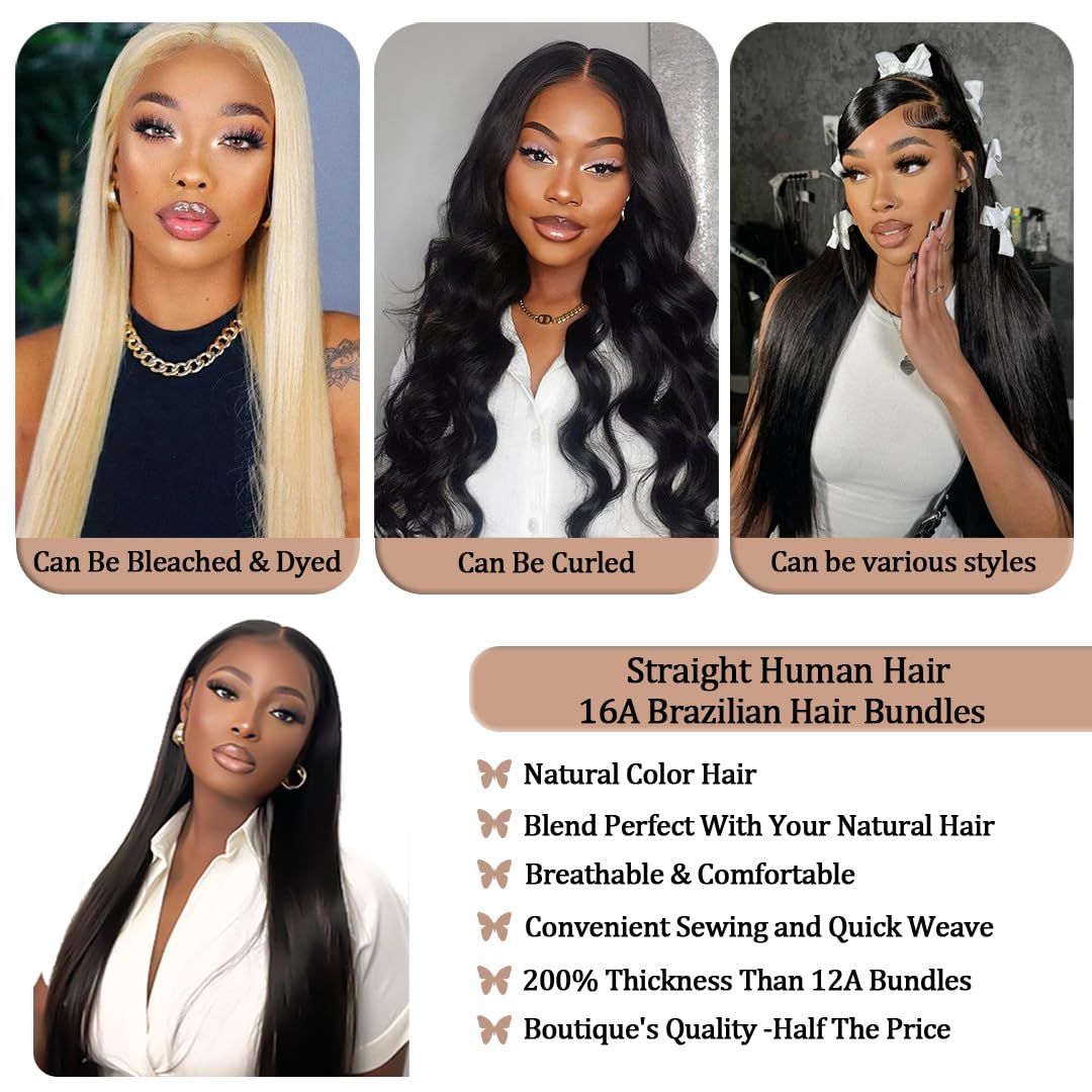 16A Straight 100% Unprocessed Brazilian Virgin Human Hair Bundles - 3 Raw Bundles NO.1 Quality (14/16/18 Inch) for Black Women | Natural Color | Perfect for Protective Styles, Weaves & Extensions