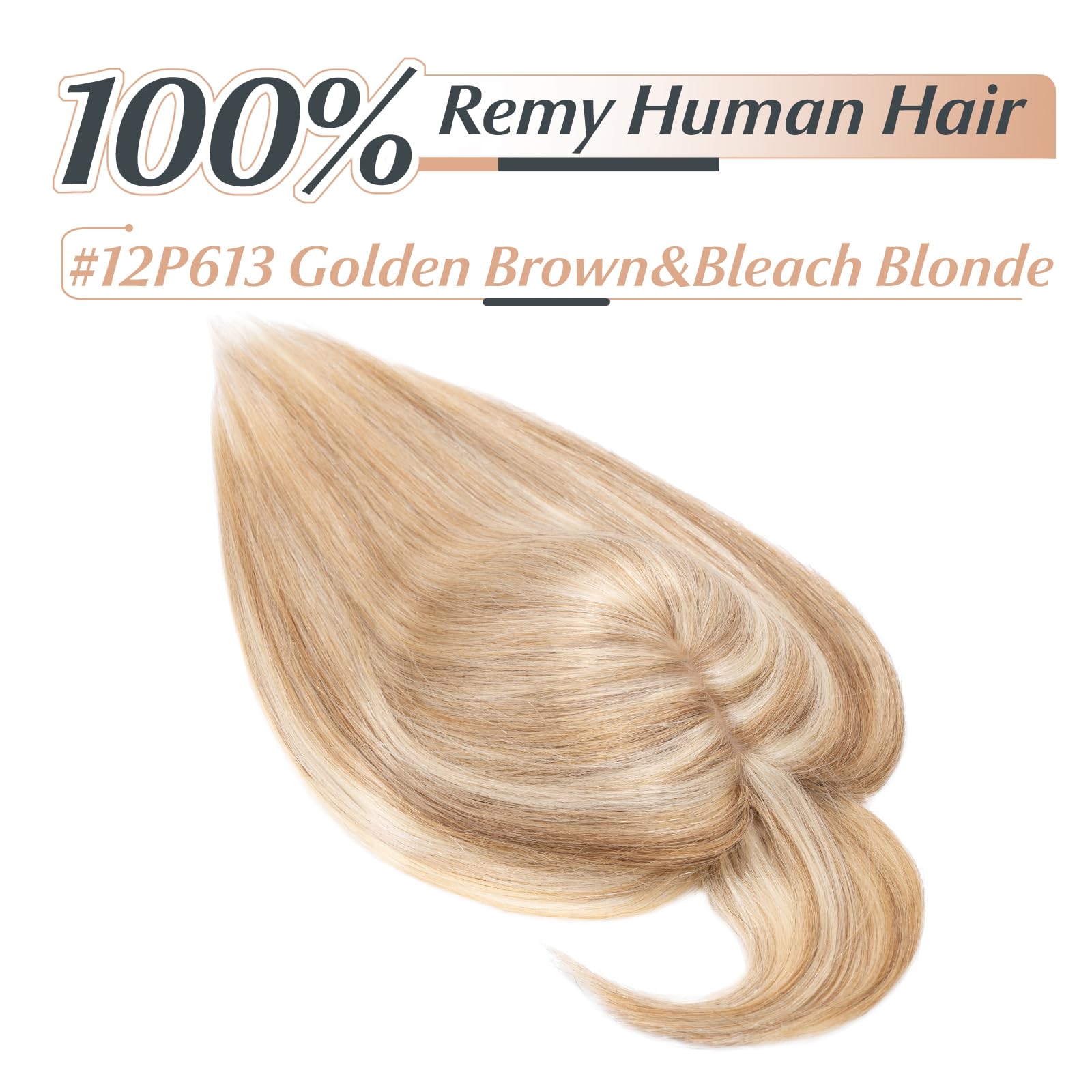Benehair Clip-in Human Hair Toppers with Bangs - 12 Inch Straight Hairpieces for Thinning Hair & Gray Coverage - Golden Brown & Bleach Blonde #12P613 - Perfect for Daily Wear, Parties & Special Occasions