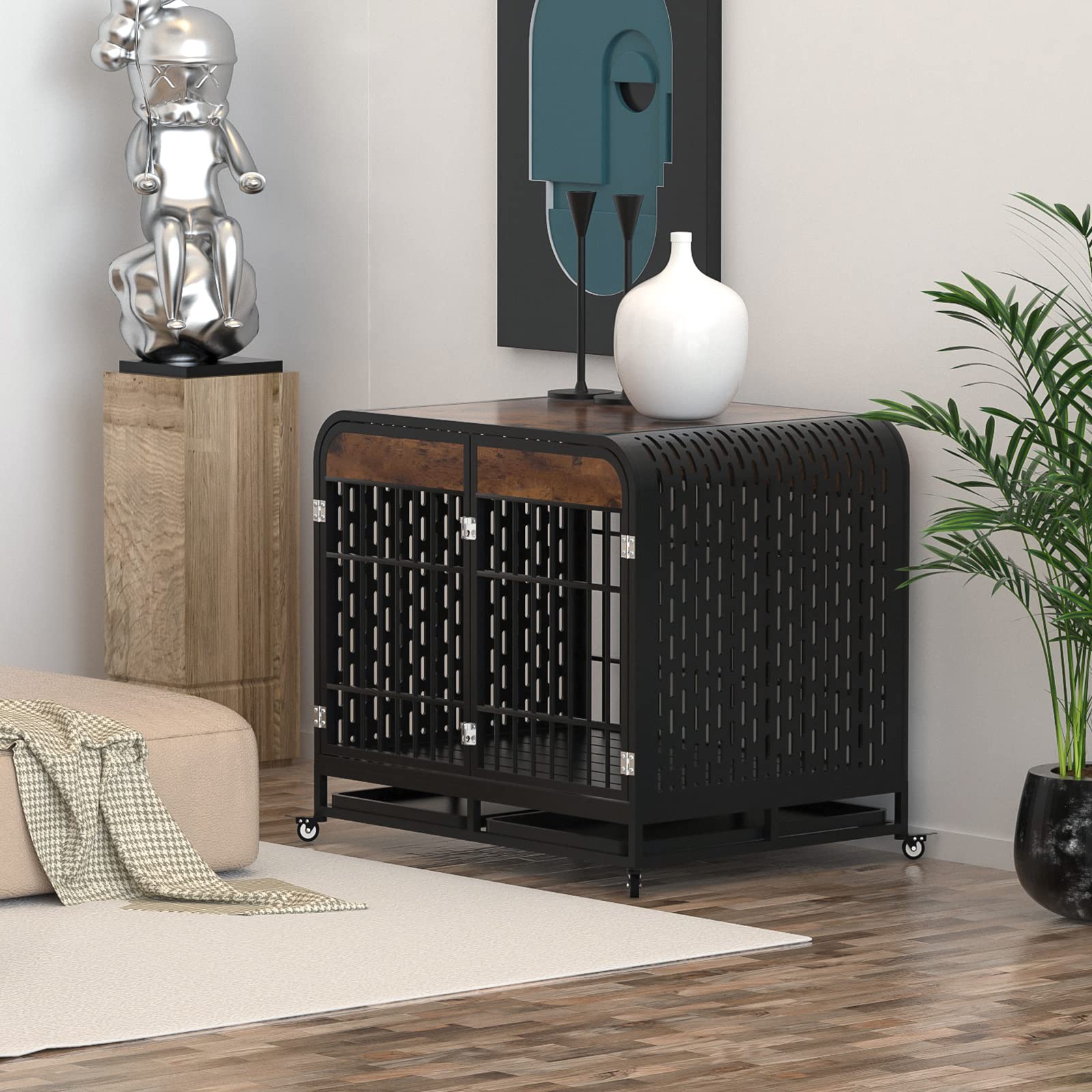 Heavy Duty 42 Inch Large Dog Crate - Wooden Furniture Style Kennel with Table Top | Rustic Brown Indoor Dog House for Living Room, Bedroom & Office Use