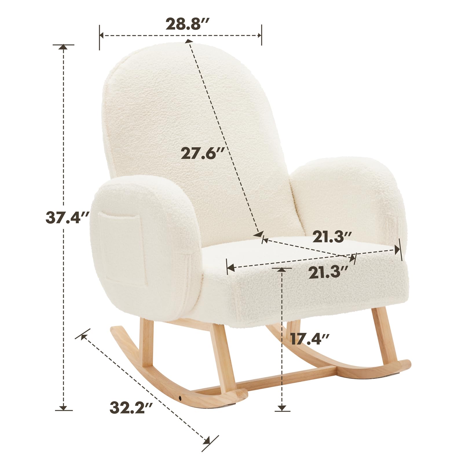 Comfortable Upholstered Rocking Chair with Side Pocket - Solid Rubber Wood Legs - Nursery Glider & Accent Chair for Living Room, Bedroom, Nursery - Perfect for Breastfeeding, Reading Nook & Relaxation