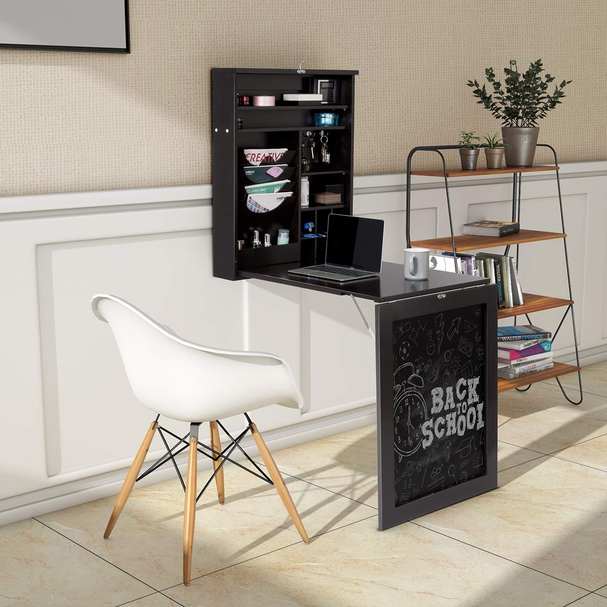 Tangkula Wall Mounted Folding Desk with Chalkboard - Convertible Laptop & Writing Table for Home Office - Space Saving Multi-Functional Wall Desk with Large Storage Shelf (Perfect for Small Spaces, Dorm Rooms & Studio Apartments)