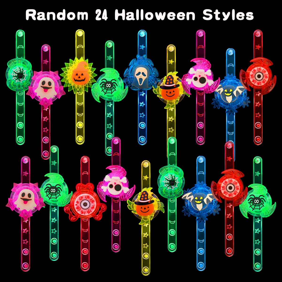 JoFAN 24 Pack Halloween LED Fidget Spinner Bracelets - Glow in The Dark Light Up Toys for Kids, Boys & Girls - Perfect for Halloween Party Favors, Trick or Treat Bags, Classroom Prizes & Birthday Gifts (Great for Nighttime Parties, Glow Dance Events & Sensory Play)