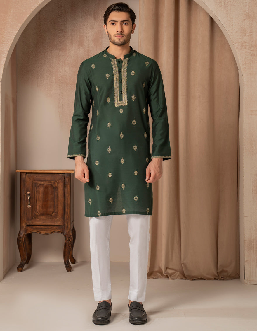 Premium Blended Green Kurta by J. Junaid Jamshed - Stylish Pakistani Traditional Wear for Men, Perfect for Eid, Weddings & Special Occasions