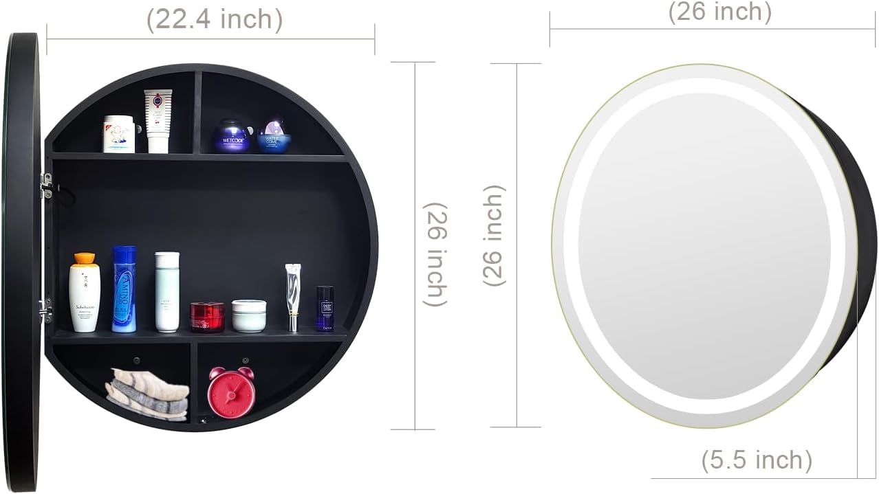 26 Inch Round LED Medicine Cabinet with Lights & Defogger - Dimmable Anti-Fog Bathroom Mirror with 3 Color Options, Surface Mount Only - Perfect for Modern Bathrooms, Vanities & Spa-Like Spaces