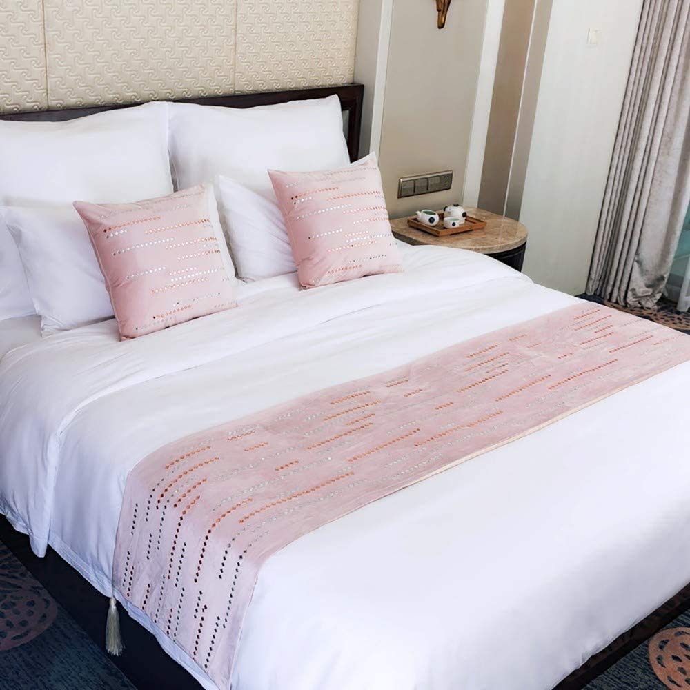 European Style Velvet Bed Runner with Hot Drill - 45x240cm Pink Bed Scarf for 1.8m Bed - Luxury Hotel Bedding Protection & Decoration - Perfect for Master Bedrooms, Guest Rooms & Wedding Decor