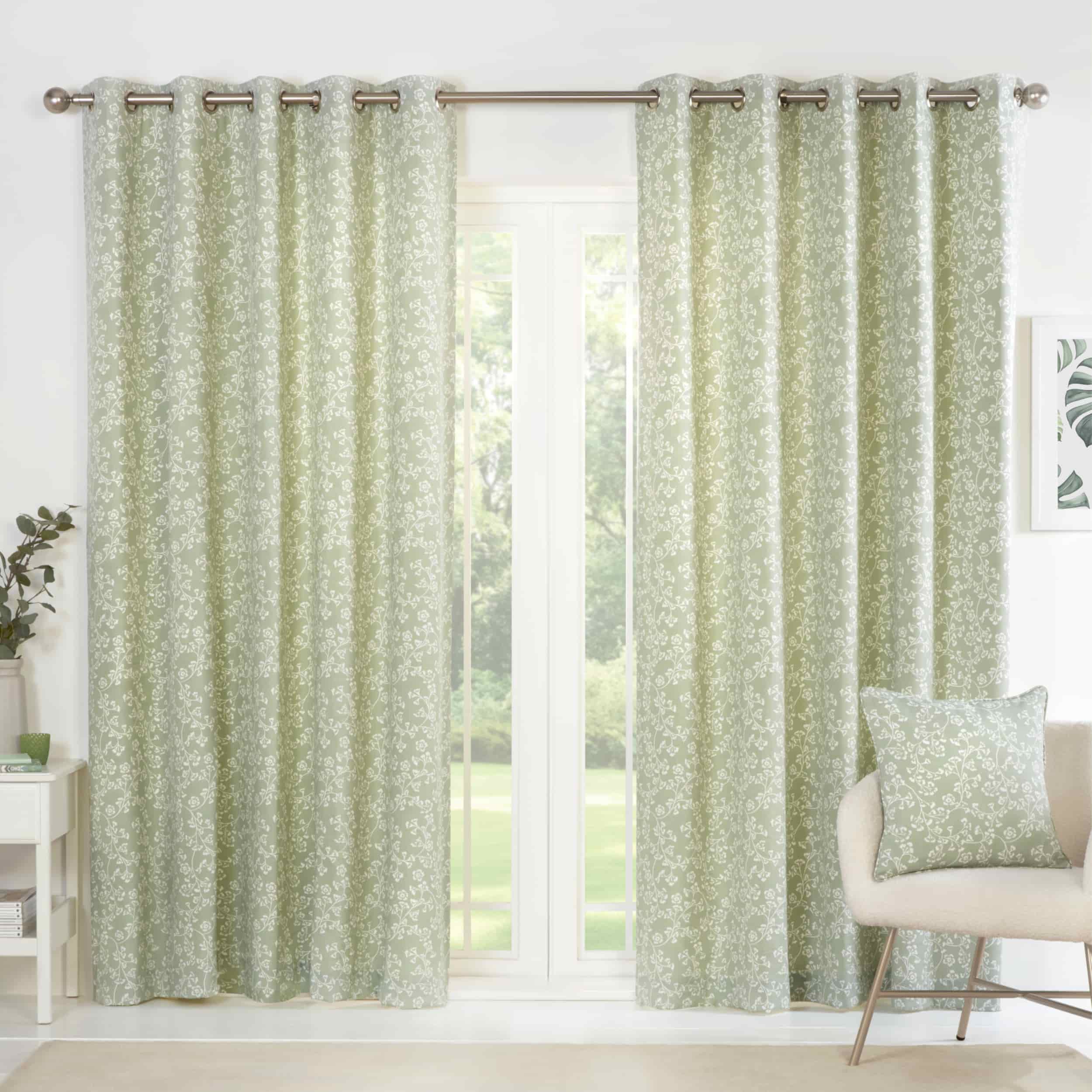 Sade Floral Eyelet Curtains - Green Sheer Window Drapes for Living Room, Bedroom & Nursery - Light Filtering & Privacy Linen Look Curtain Panels