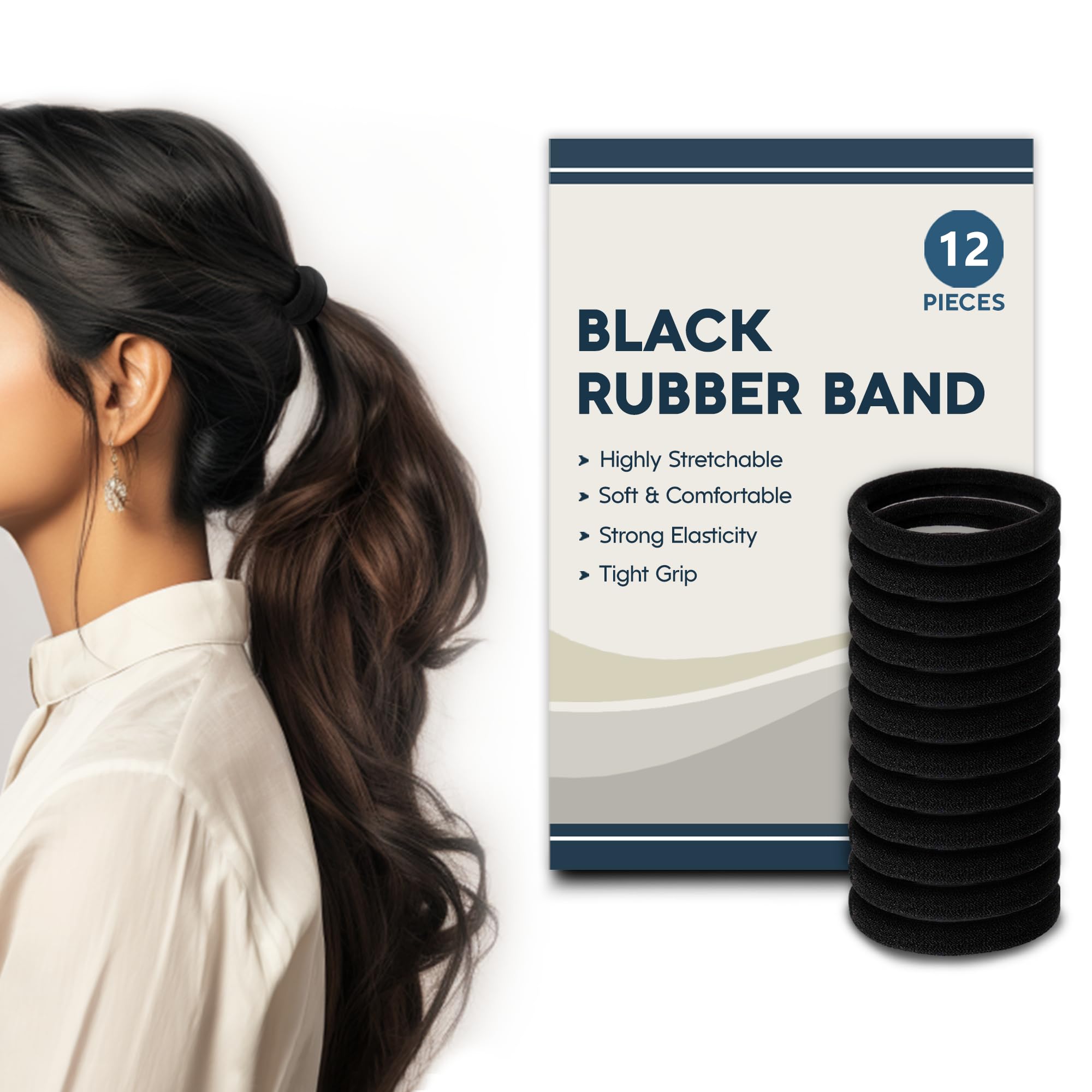 12Pcs Black Hair Rubber Bands for Women & Girls - Soft Elastic Ponytail Holders for Daily Use, Workout, Office, and School Hairstyles