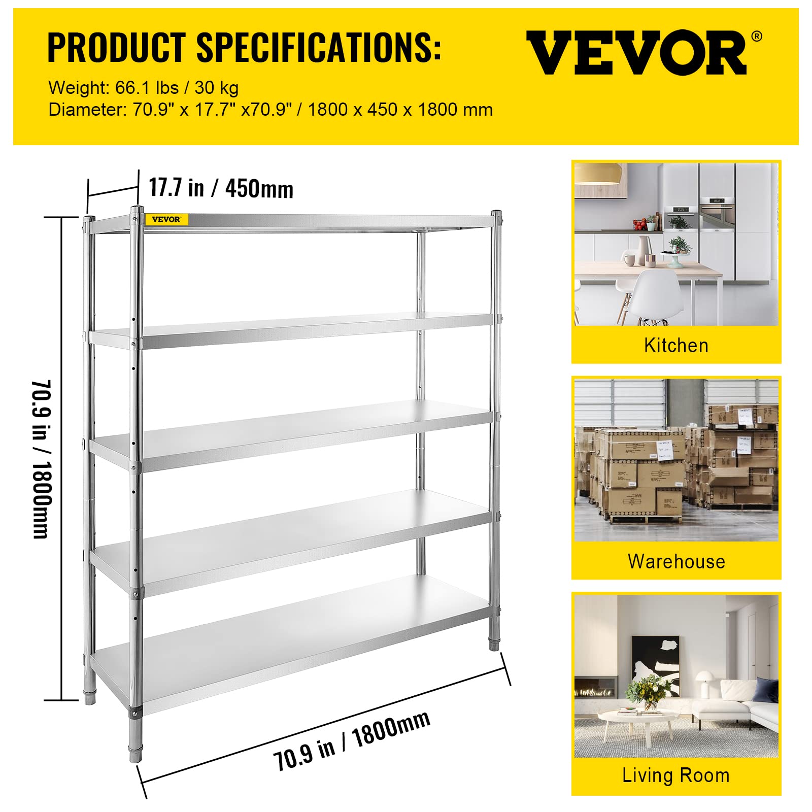 VEVOR 5-Tier Heavy Duty Storage Shelf - 70.9