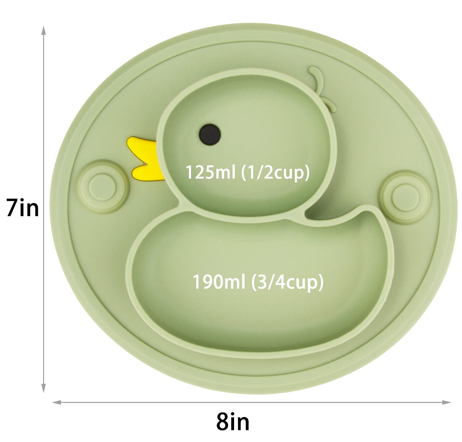 Non-Slip Silicone Divided Baby Plate with Suction Base | BPA-Free, Microwave & Dishwasher Safe | Portable Feeding Tray for Infants, Toddlers & Kids | Perfect for Highchair, Travel & Mess-Free Meals (Duck-Endive Design)