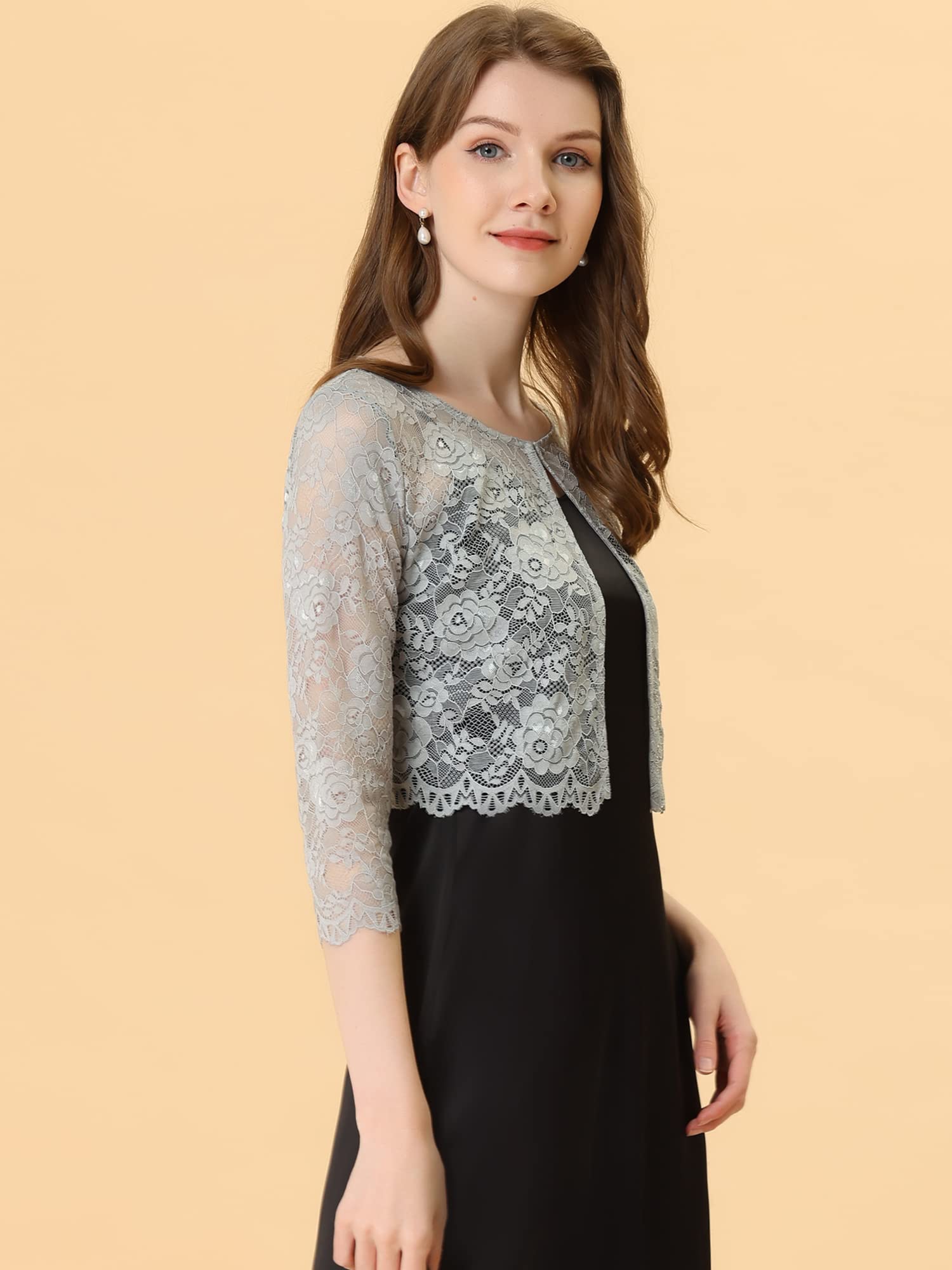Allegra K Women's Lace Cardigan - Elegant Open Front Floral Cropped Bolero Shrug for Weddings, Parties & Date Nights | Sheer Lace Tops for Spring & Summer Outfits