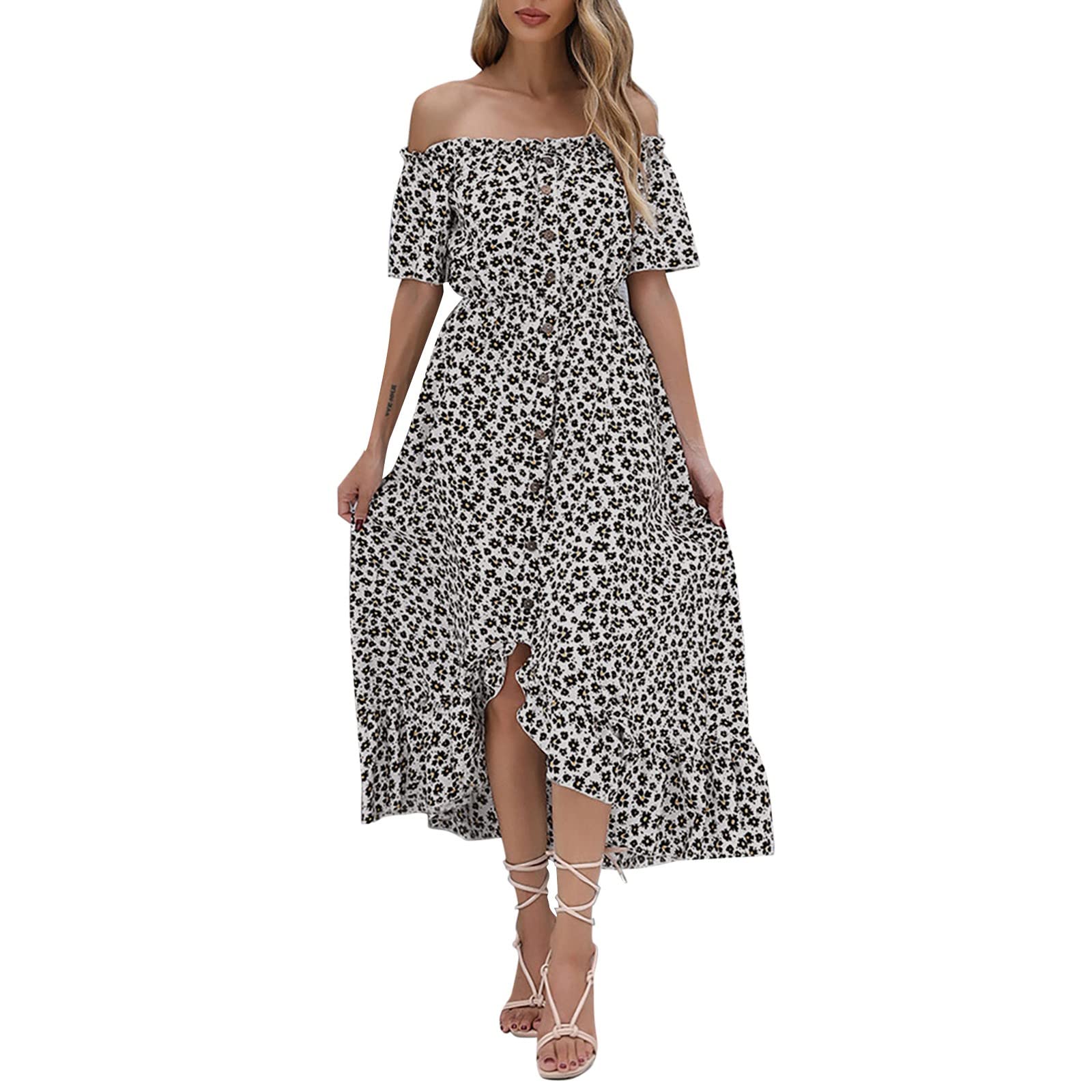 Women's Off Shoulder Floral Maxi Dress with Short Sleeves & Frill Details - A-Line Summer Beach Dress for Vacation, Party & Casual Wear