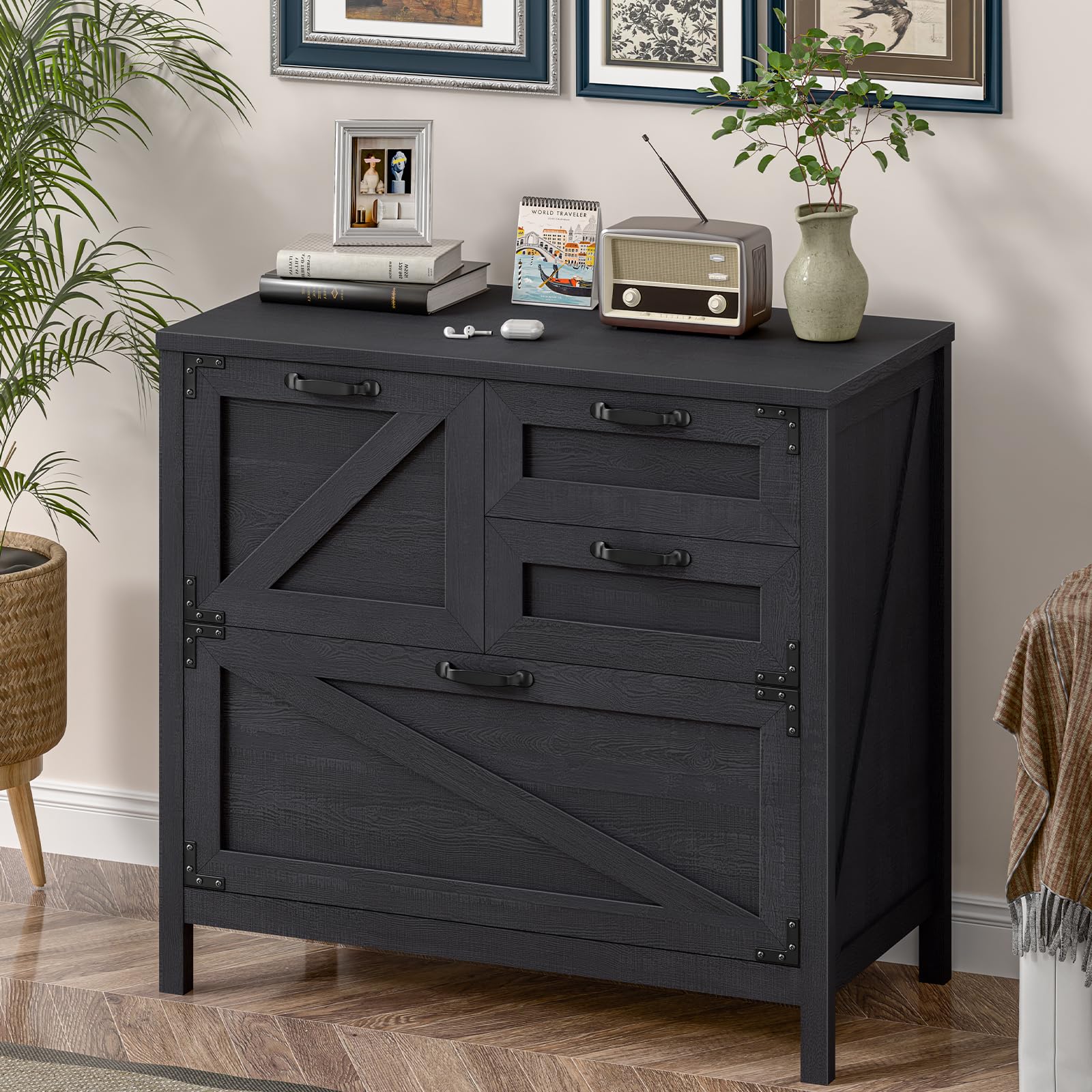 4-Drawer Wood Lateral File Cabinet for Hanging Files - Letter/A4/Legal Size - Farmhouse Office Storage Cabinet with Printer Stand - Black - Perfect for Home Office, School, and Business Organization
