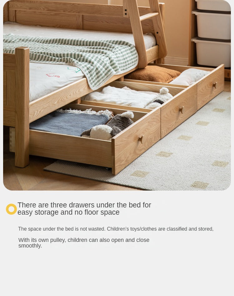 Solid Oak Wood Multi-Functional Bunk Bed with Ladder & Guardrails - Space-Saving Kids Bedroom Furniture for Siblings or Sleepovers