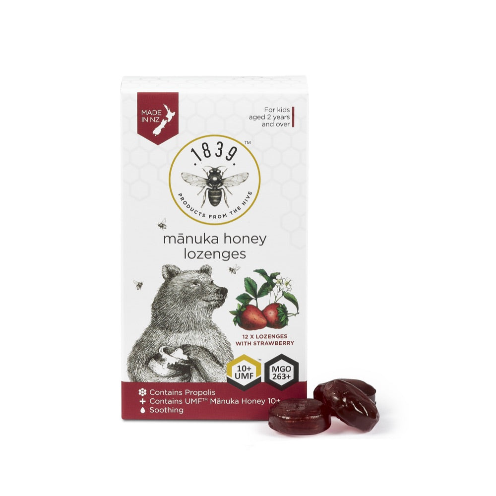 1839 Honey UMF 10+ Strawberry Lozenges 12 Pack - Natural Immune Support & Sore Throat Relief for Kids & Adults - Perfect for Travel, Work & School