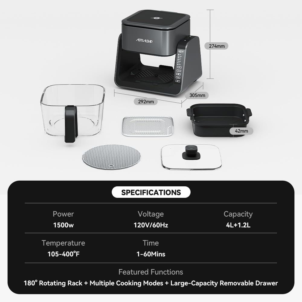 2-in-1 Glass Air Fryer & Grill Pan Combo - 7 Presets, 4.2QT+1.3QT Capacity, Non-Toxic & Non-Stick - Healthy Cooking for Frying, Griddle & Baking - Perfect for Family Meals, Party Snacks & Quick Healthy Dinners